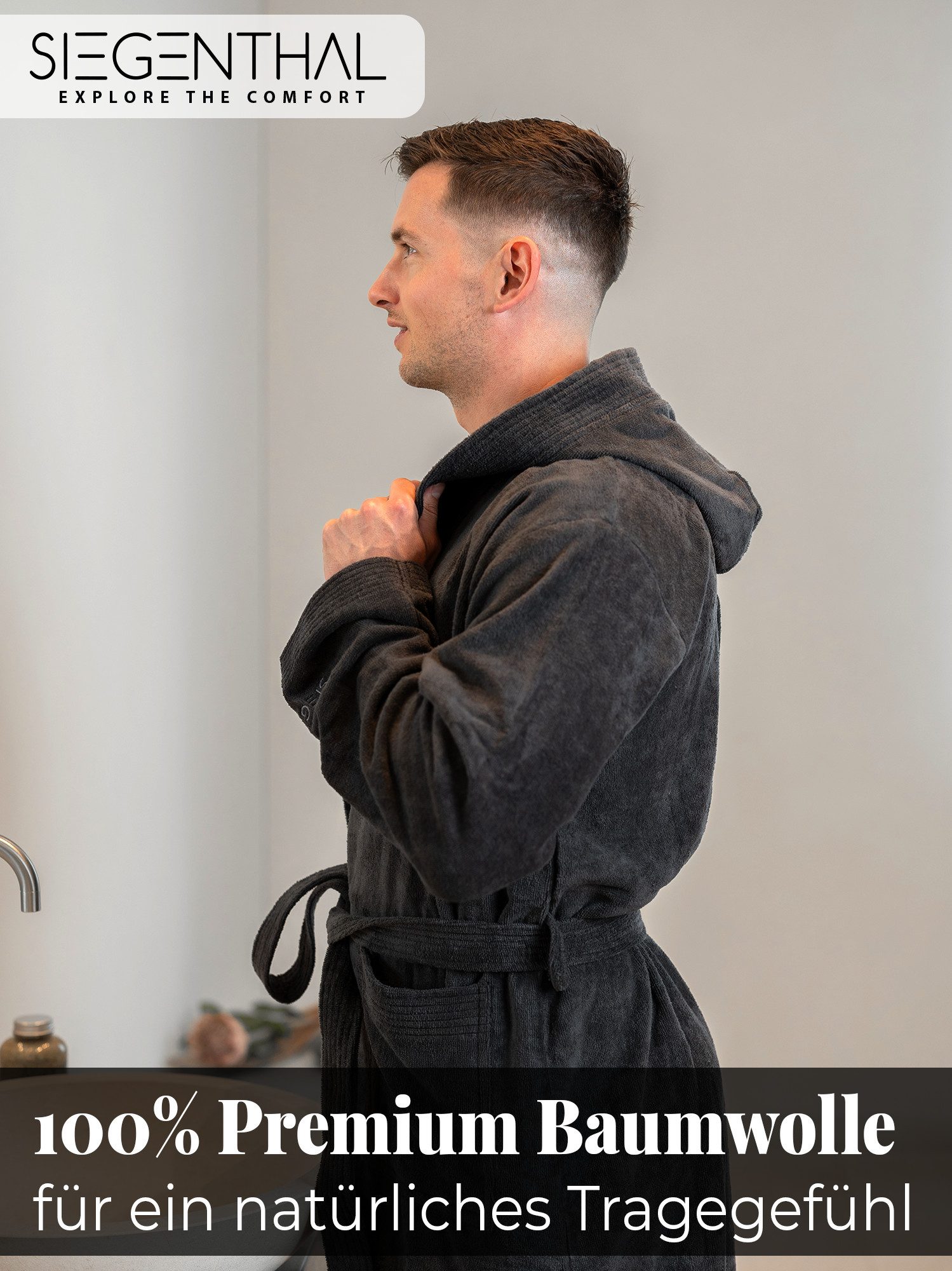 SIEGENTHAL Herrenbademantel 100% Baumwolle Frottee Velours mit Kapuze Wadenlang Wellness und Spa, Kapuze, Bindegürtel, Wadenlang, 2x Taschen, 100% Baumwolle, weich und elegant