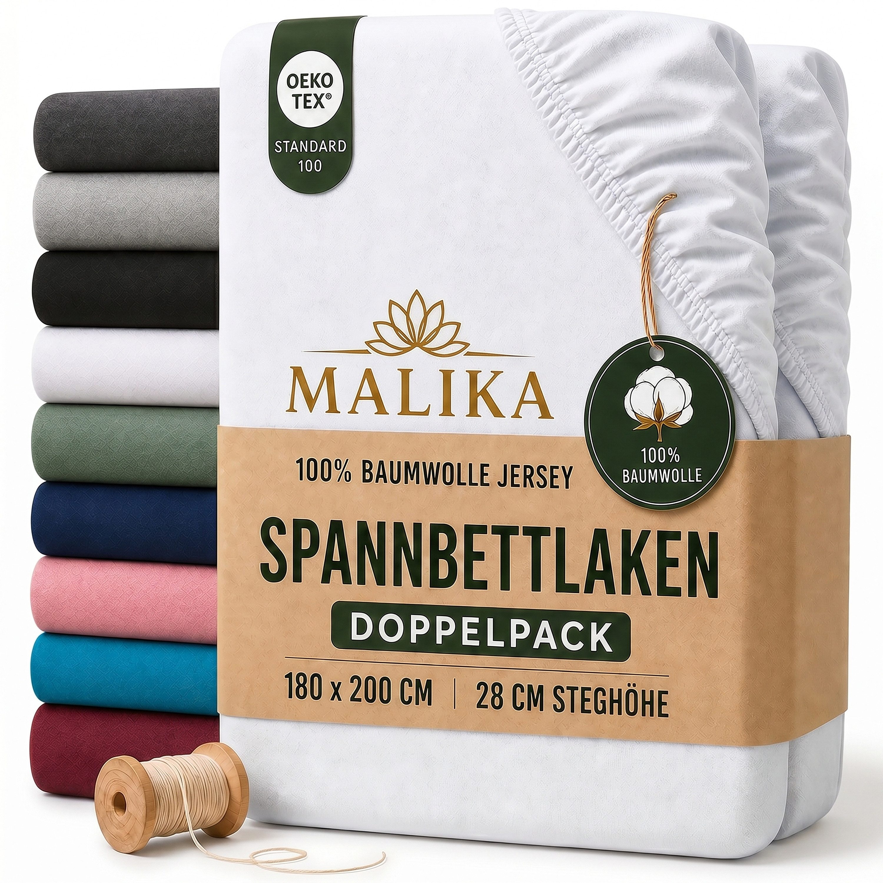 Malika Spannbettlaken aus 100% Baumwolle, 90-100x200, Weiss, Jersey Baumwolle, Gummizug: Ja, (2 Stück), Allergikergeeignet, Pflegeleicht und Atmungsaktiv