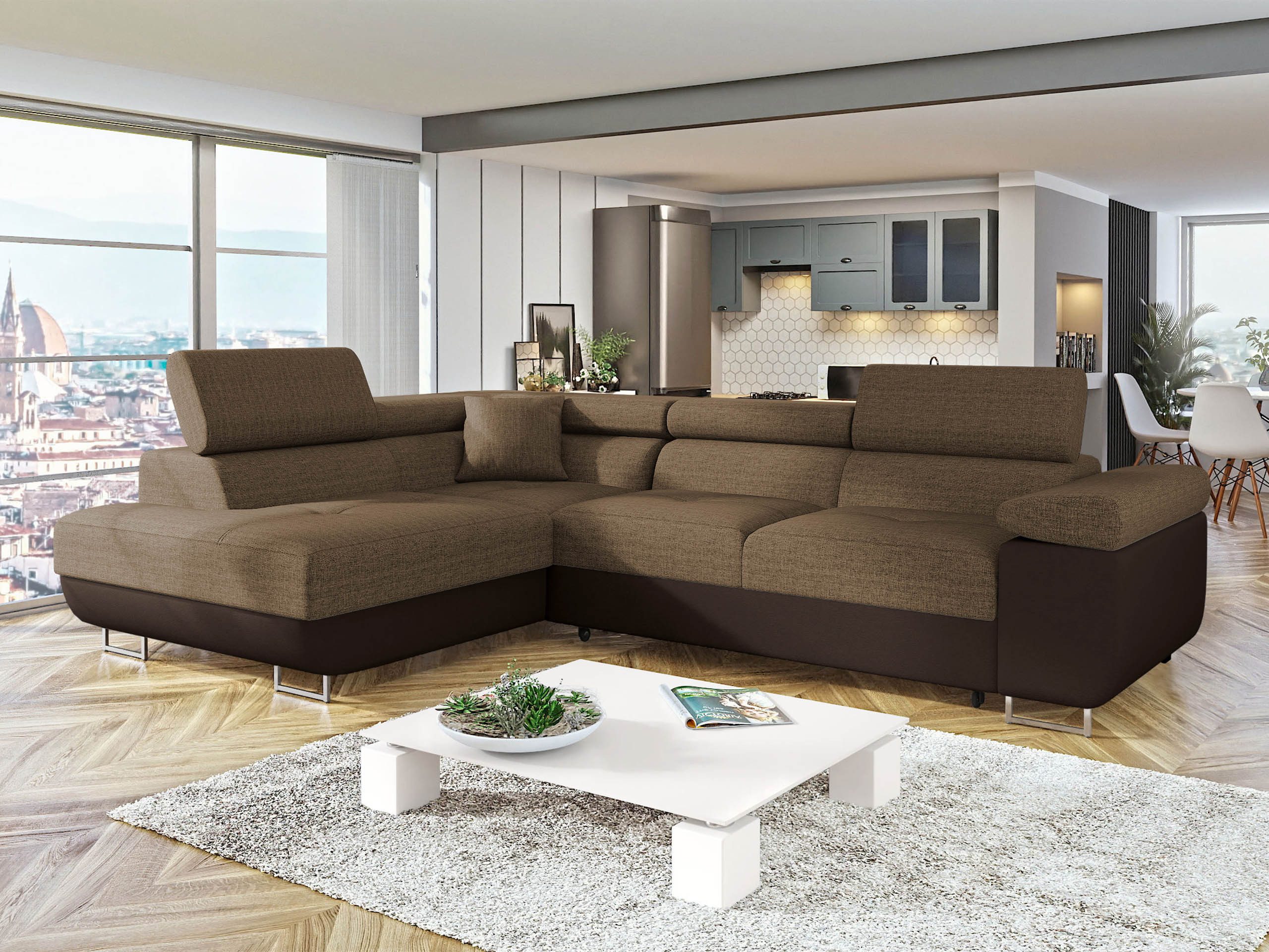 MIRJAN24 Ecksofa Torezio, mit Bettkasten und Schlaffunktion, Einstellbare Kopfstützen, 274x203x70-90 cm