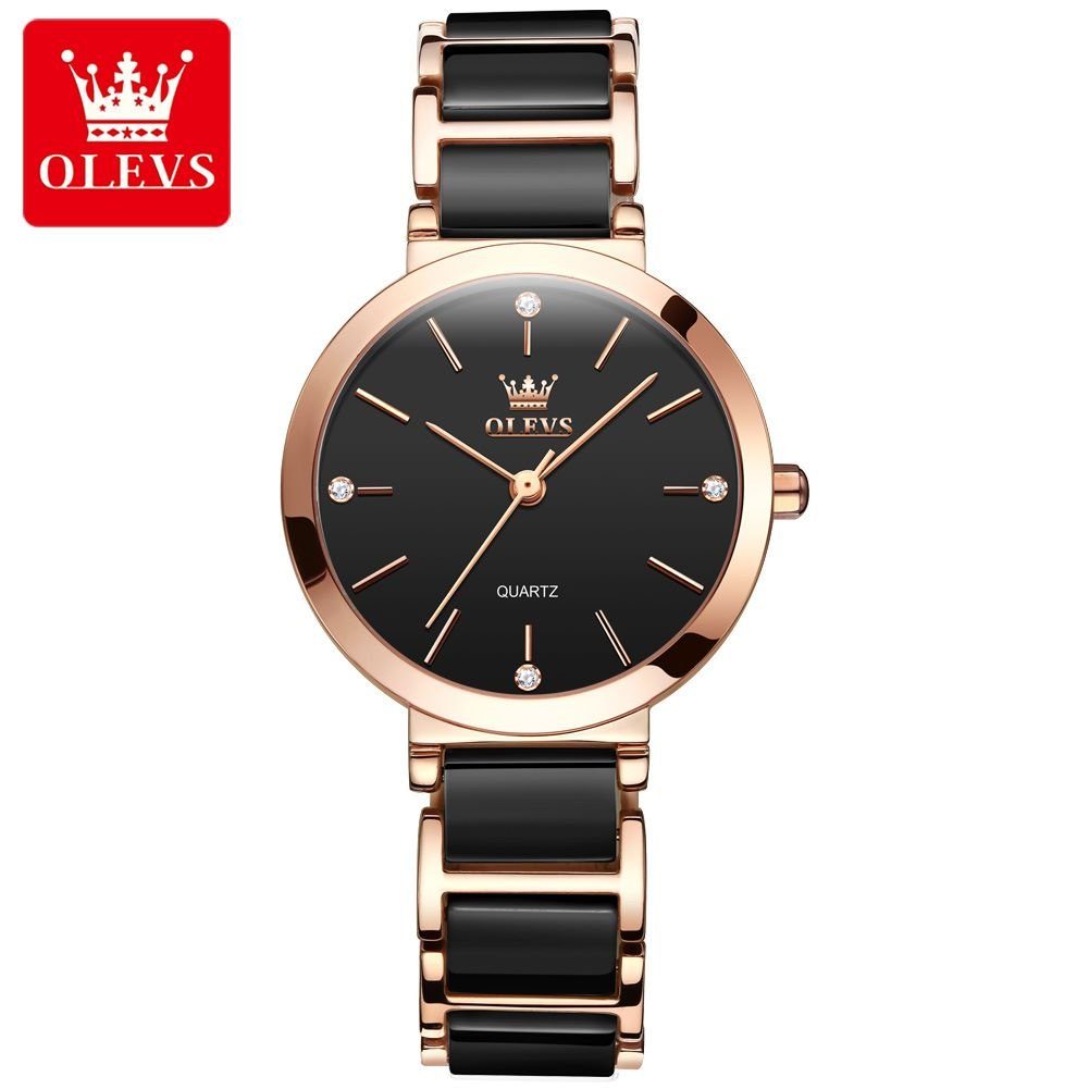 Quarzuhr QuarzUhr Keramik- armband Luxus elegante Damen Schwarz /Rose 5877
