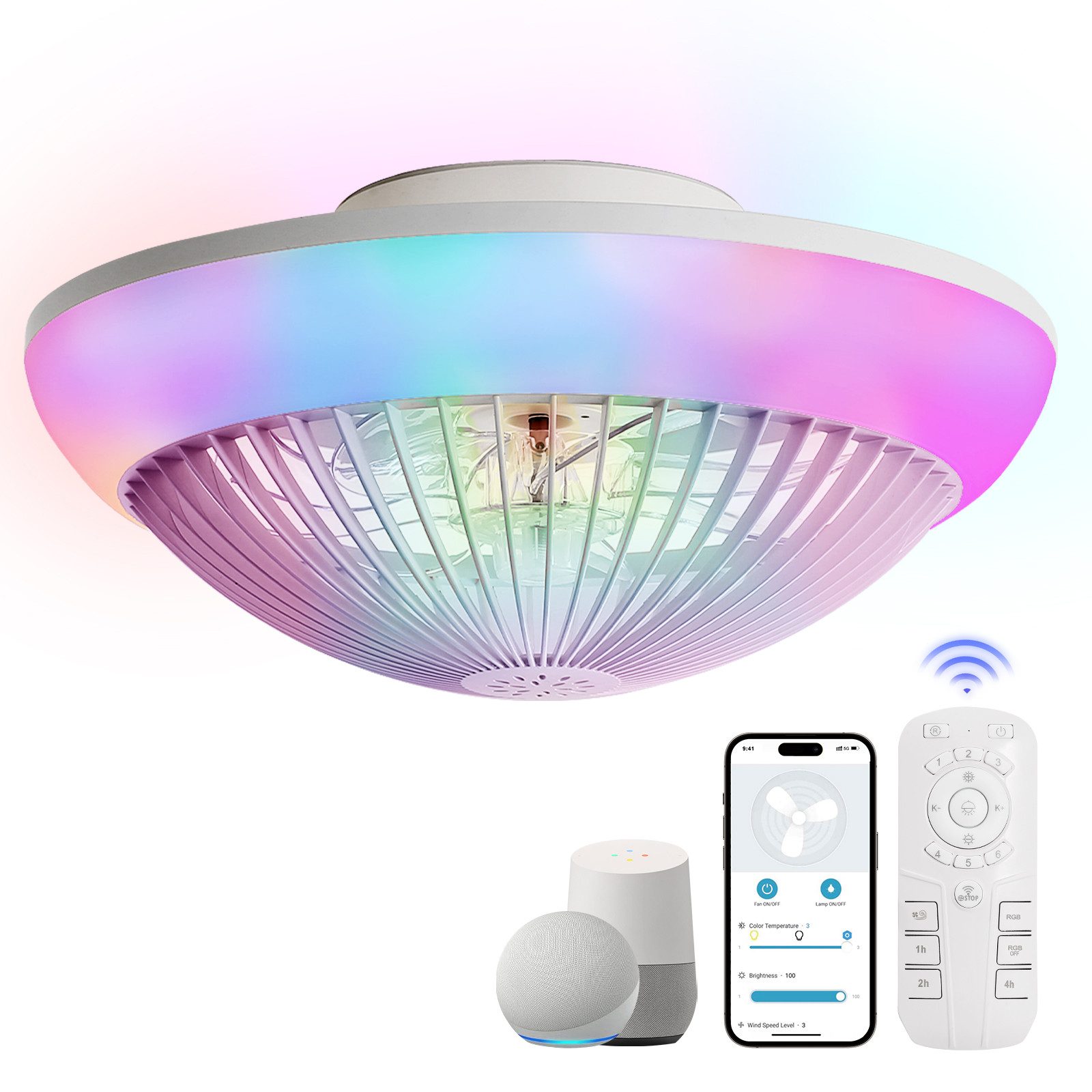 Sofucor Deckenventilator mit RGB Licht, DC, 48,26 cm, 7 ABS-Flügel, 6 Windgeschwindigkeiten, Umkehrfunktion, 1/2/4-Stunden-Timer