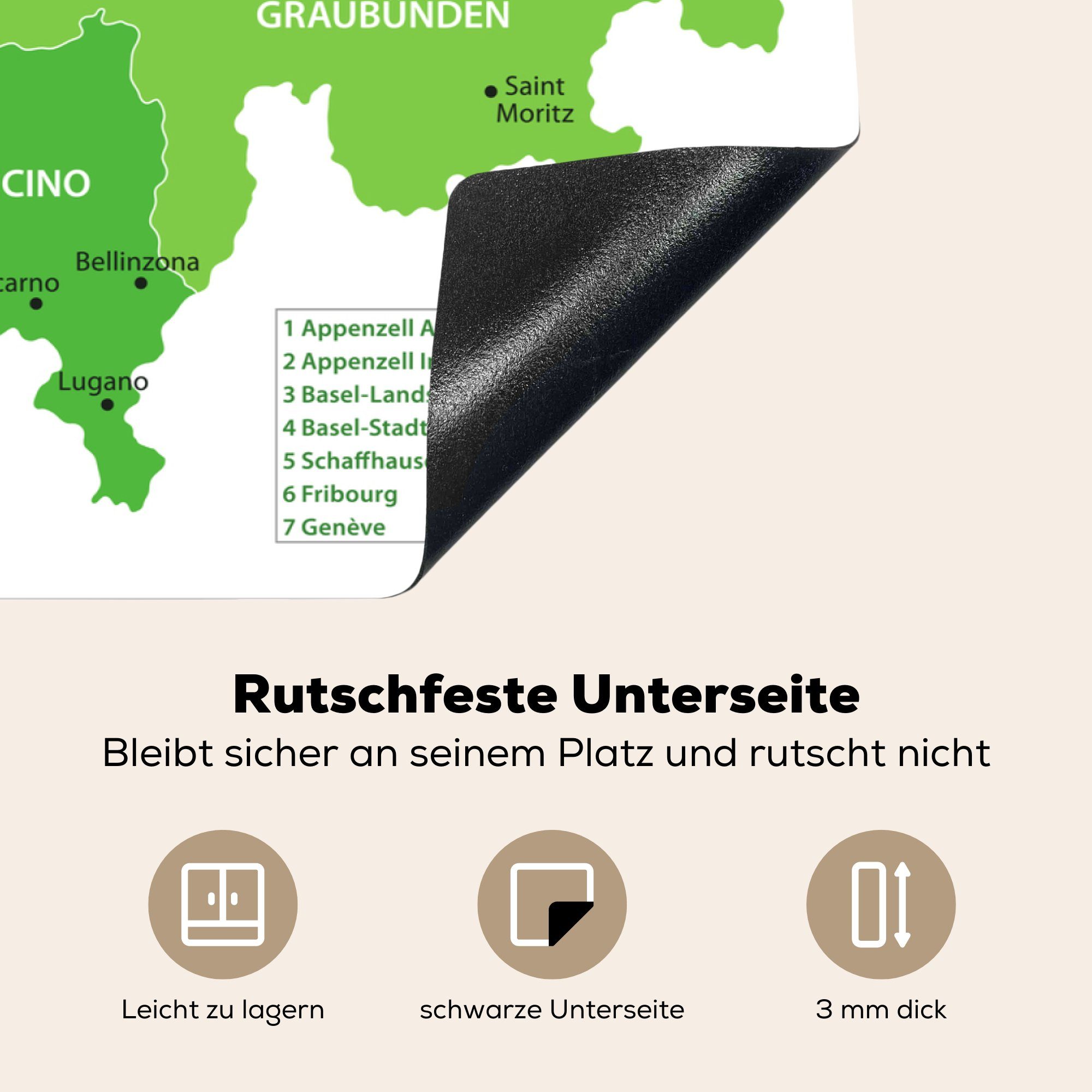 MuchoWow Herdblende-/Abdeckplatte Grüne Karte der Schweiz, 81x52 cm, küche, (1 tlg), Schutz die Ceranfeldabdeckung für Vinyl, Induktionskochfeld