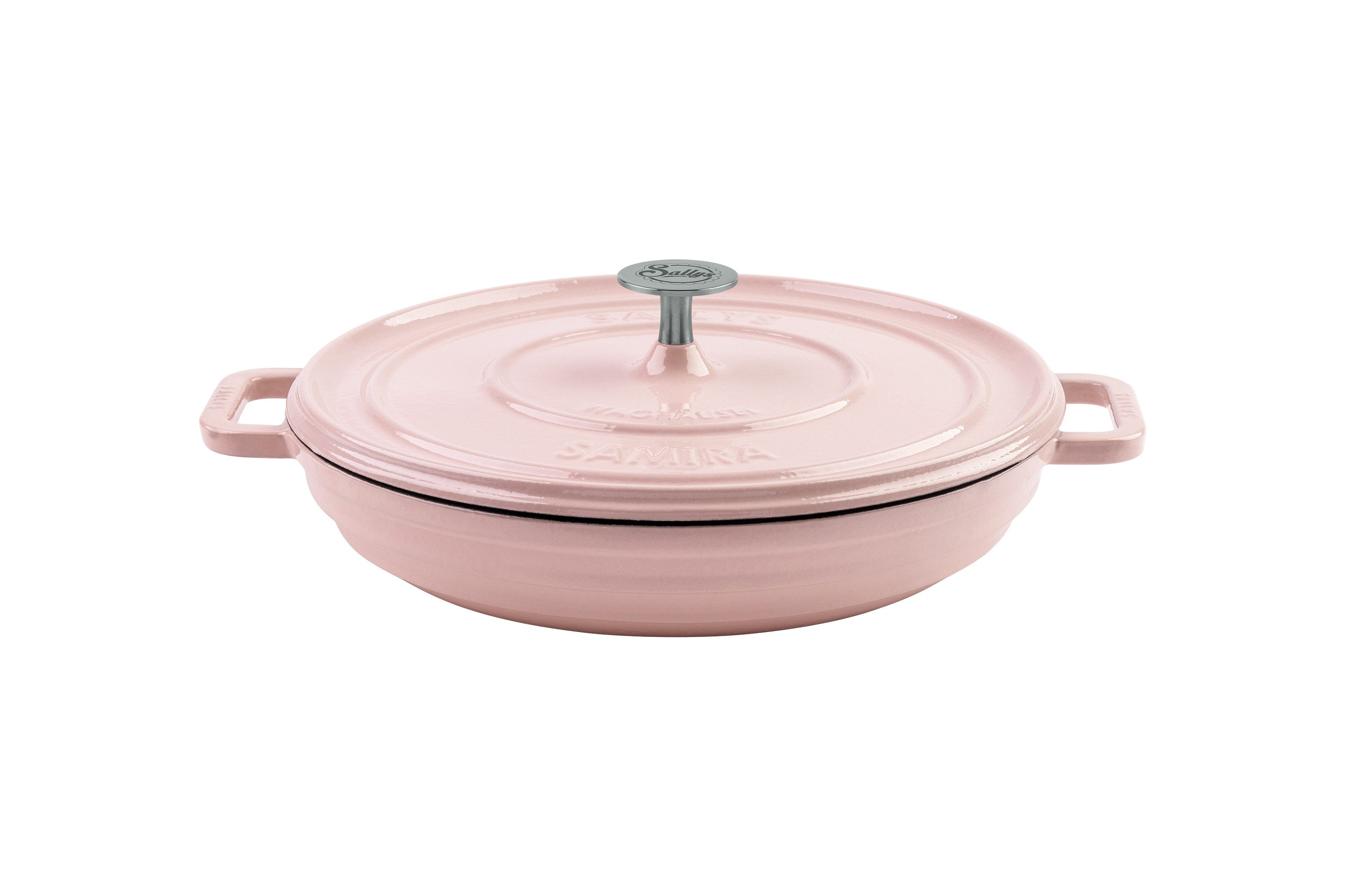Sallys Schmortopf Hochwertiger Gusseisentopf Samira, 3L Bräter in Ø 32 cm, Vollgusseisen mit hochwertiger Emaille-Beschichtung (Schmortopf mit Deckel, flacher Bräter, gleichmäßige Wärmeverteilung, ofenfest bis 250 °C), ideal zum Schmoren, Braten & Backen