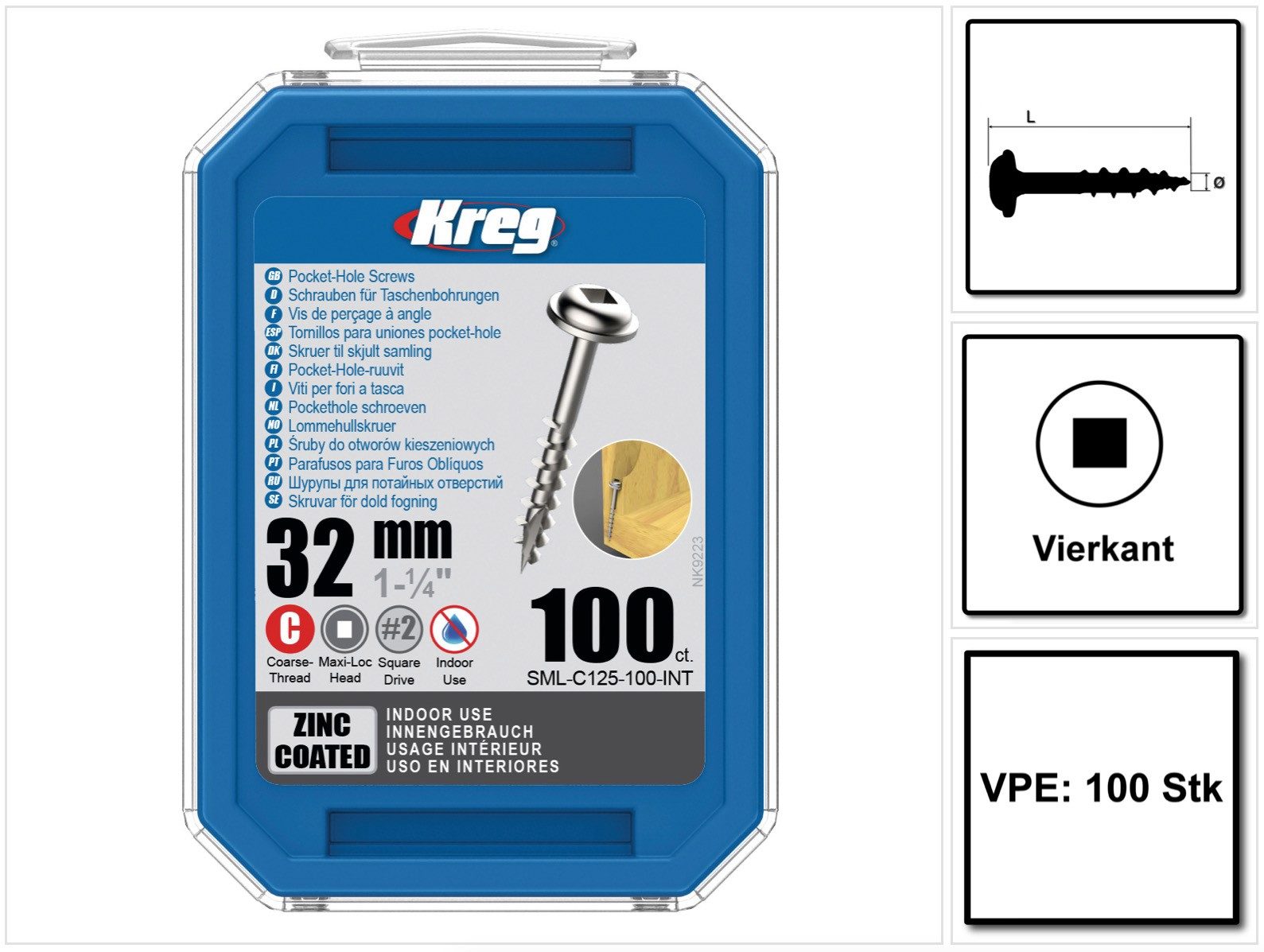 Kreg Schraube Pocket-Hole Linsenkopfschraube 32 mm 100 Stk (SML-C125-100) Vierkan