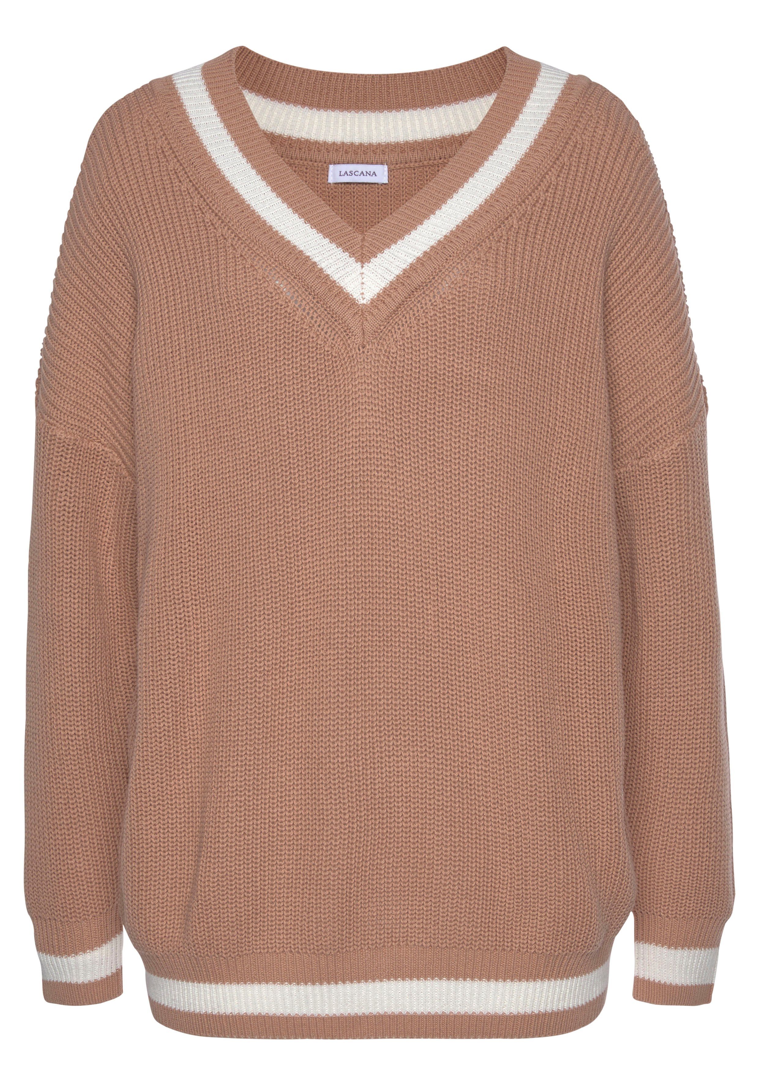 LASCANA V-Ausschnitt-Pullover mit Streifen-Details camelfarben