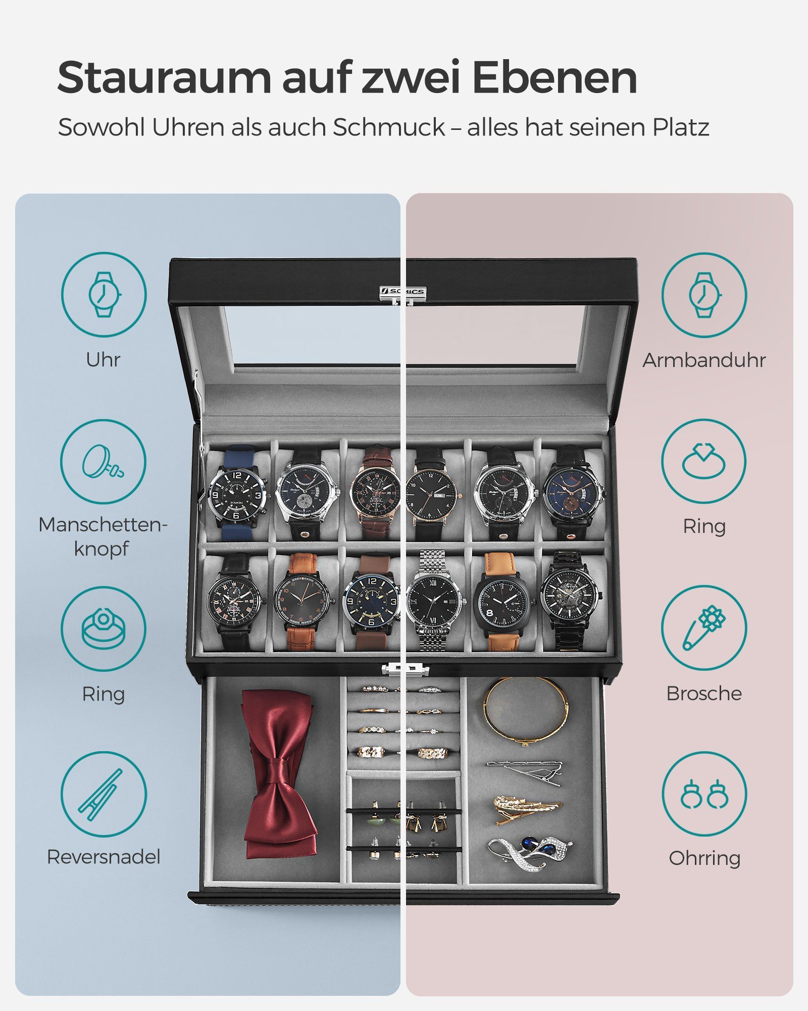 SONGMICS Uhrenbox Uhrenkoffer, Glasdeckel, 2-stöckige, abschließbar, Ringe, Armbänder, 12 Uhren, 1 Schublade, schwarze Beschichtung und graues Futter