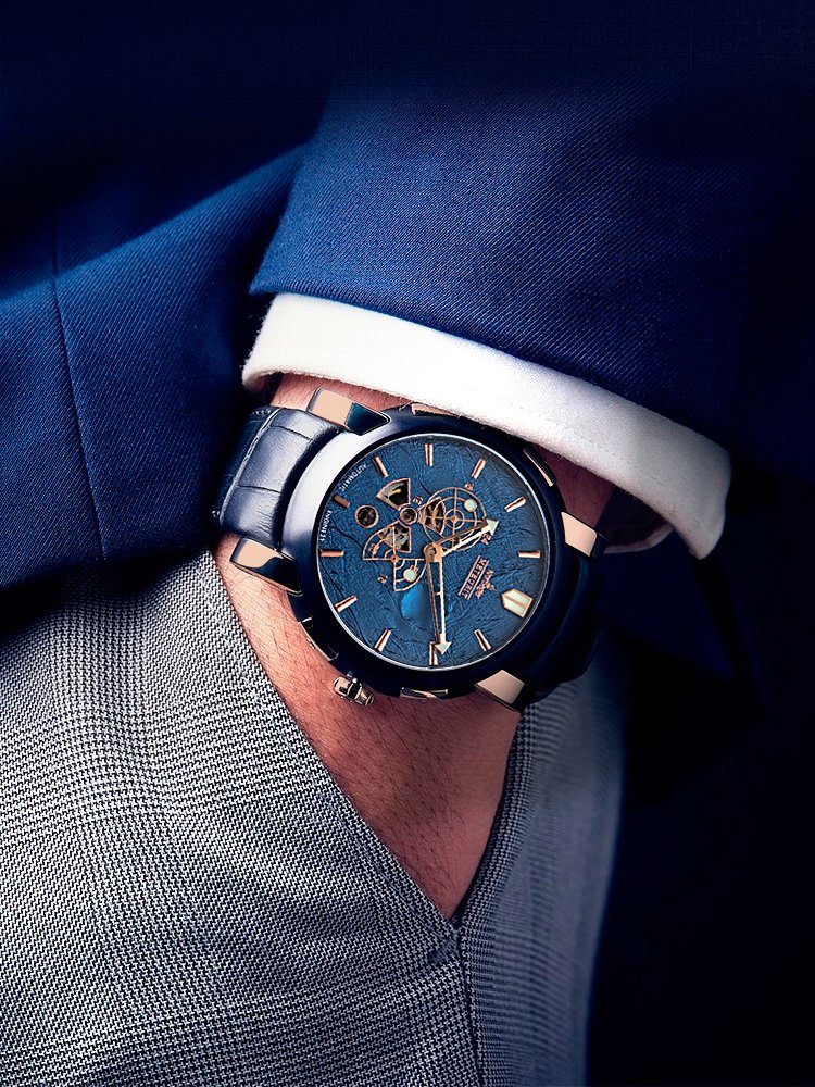 Herren Lederband, Armbanduhr rose-blau/blau Kronsegler Automatikuhr m. mit Meteorit Meteoritenstein
