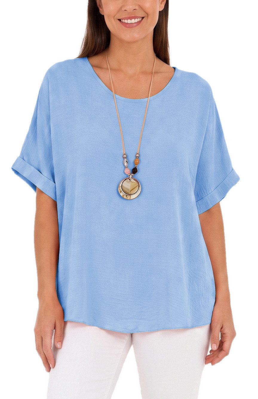 dy_mode Kurzarmbluse Kurzarmbluse Damen Blusenshirt Oberteil Oversize Tunika in Unifarbe, mit Statementkette