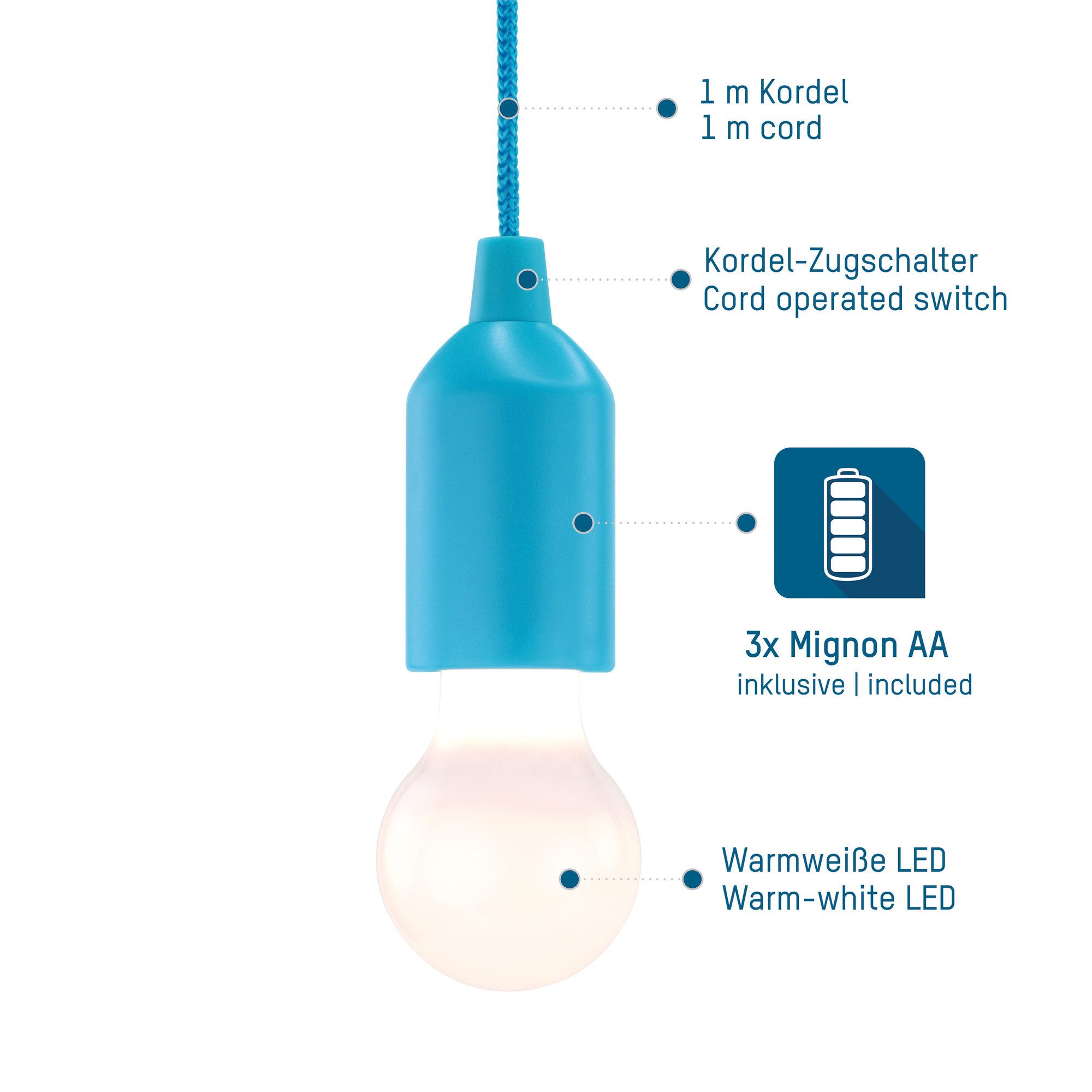 HyCell LED Gartenleuchte Pull-Light PL1W mit Zugschalter, inkl. 3x Micro AAA Batterien, LED
