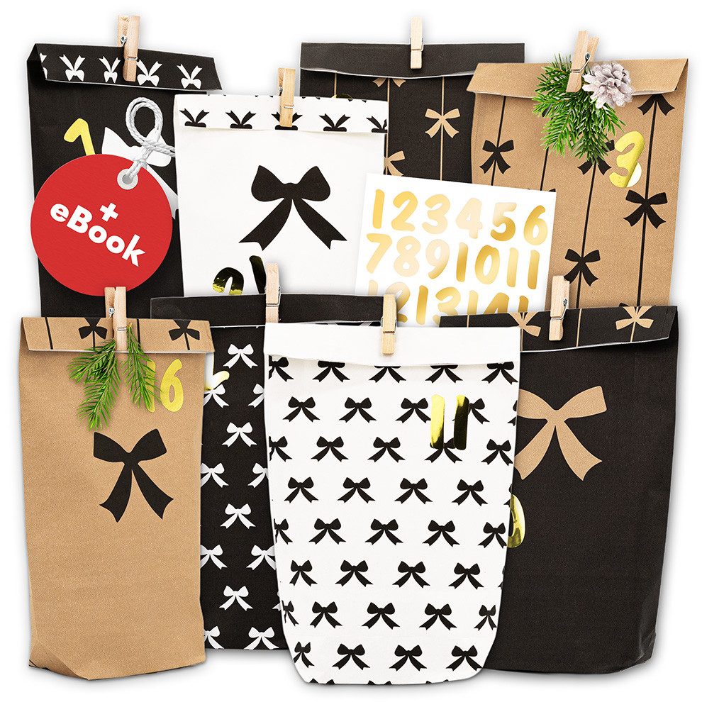 Amari befüllbarer Adventskalender Adventskalender zum Befüllen 2026, 24 Papiertüten 14×22 cm mit Zahlen (DIY Set, 72-tlg), Designs für Kinder & Erwachsene, wiederverwendbar, Ideen zum Befüllen