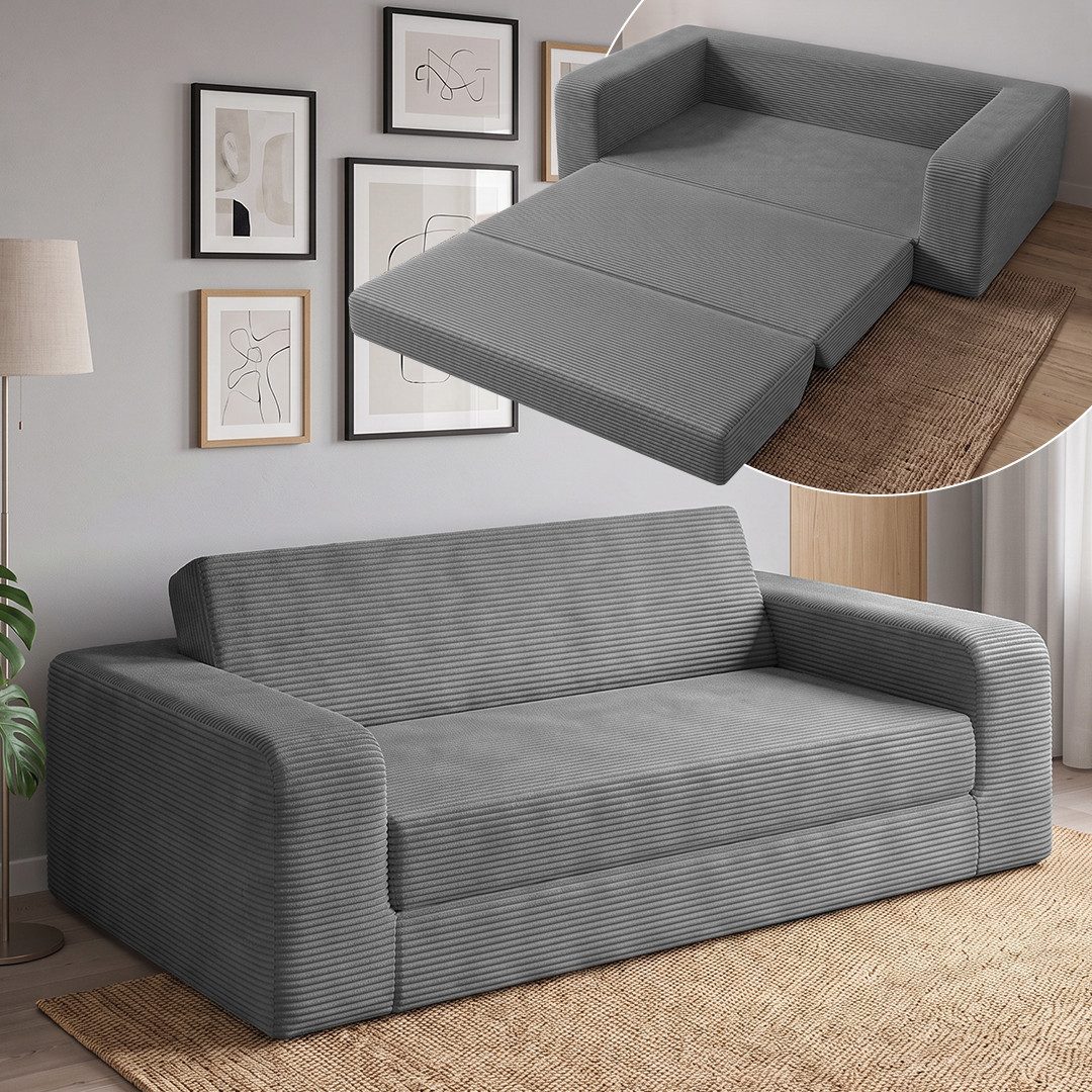 skølm Schlafsofa Laga aus Cord, Sofa 2 Sitzer mit Armlehnen, als Gästebett nutzbar, Dunkelgrau, ausklappbare Schlafcouch 186x135 cm, vakuumiert – ohne Aufbau
