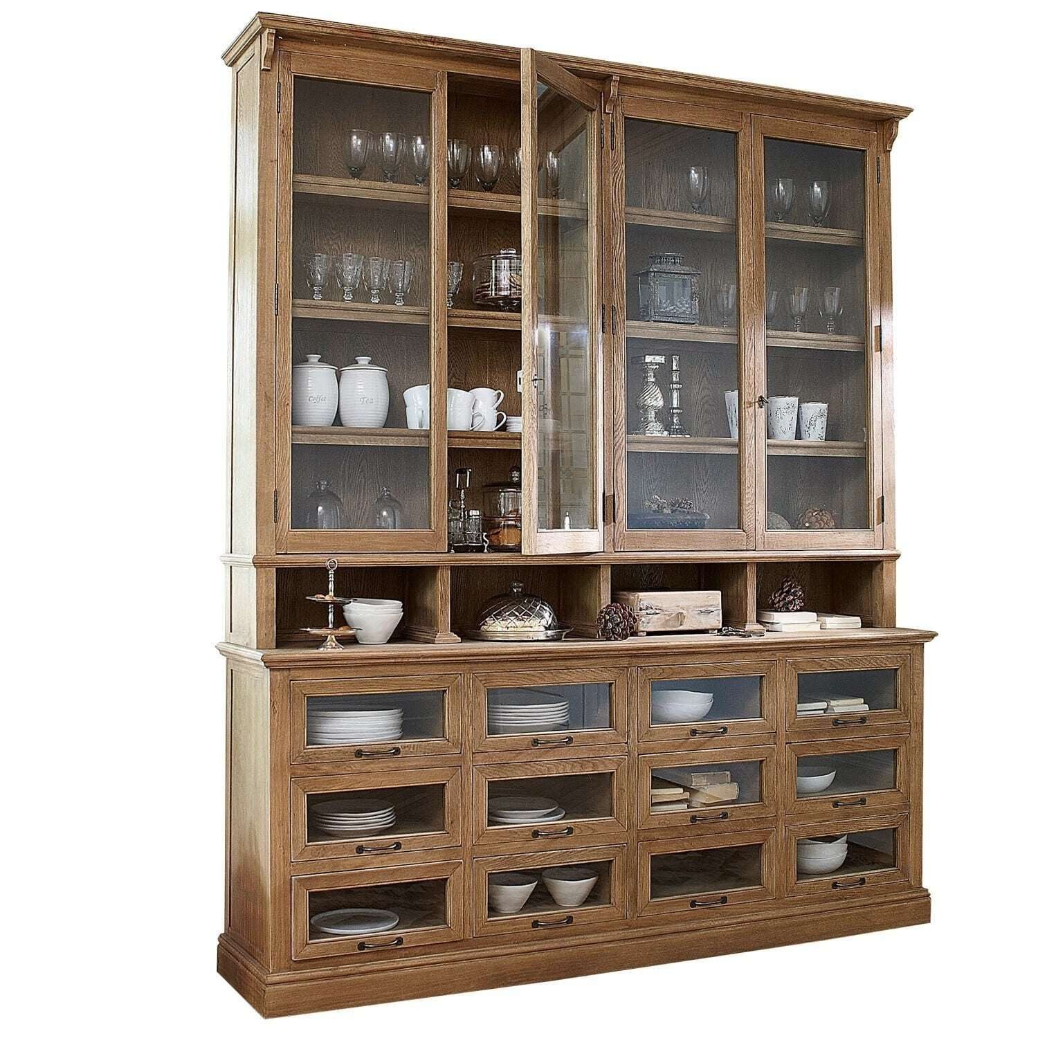 Mirabeau Küchenbuffet rustikaler Küchenschrank Juillac aus patiniertem Eichenholz braun (edles Massivholz, 12 Schubladen & 4 Glastüren) Vitrinenschrank, Glastüren & Schubladen, B 201cm, H 241cm, T 44,5cm