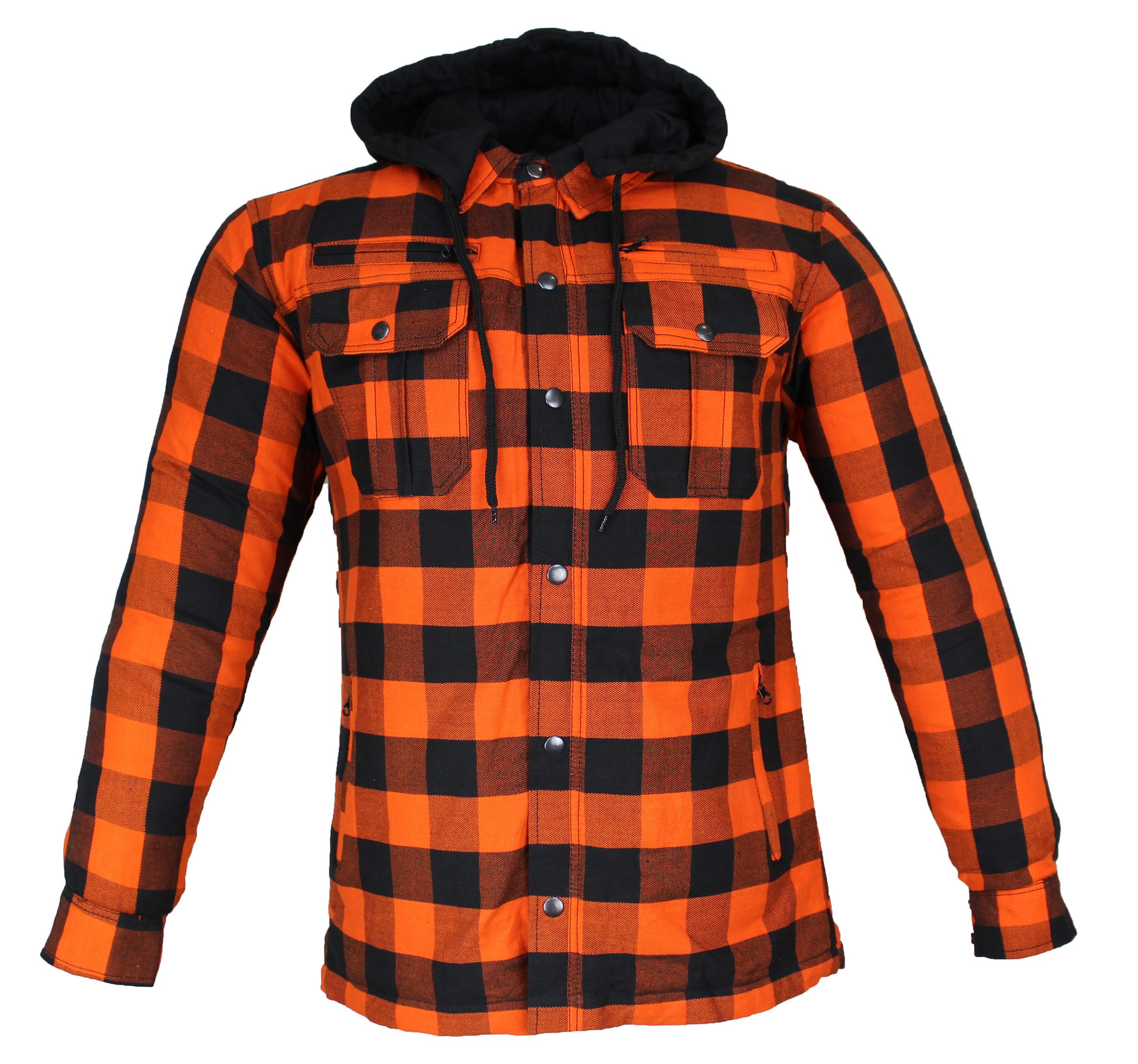 Alpha Speeds Motorradjacke Flanell-Holzfäller Motorrad KEV ARAMID Lumber-Biker Hemd PRO Orange (Wasserdicht & Winddicht & Atmungsaktiv + wasserdichte Reißverschlüsse) mit abnehmbare Kapuze & Innenjacke, All Season, inklusive Protektoren