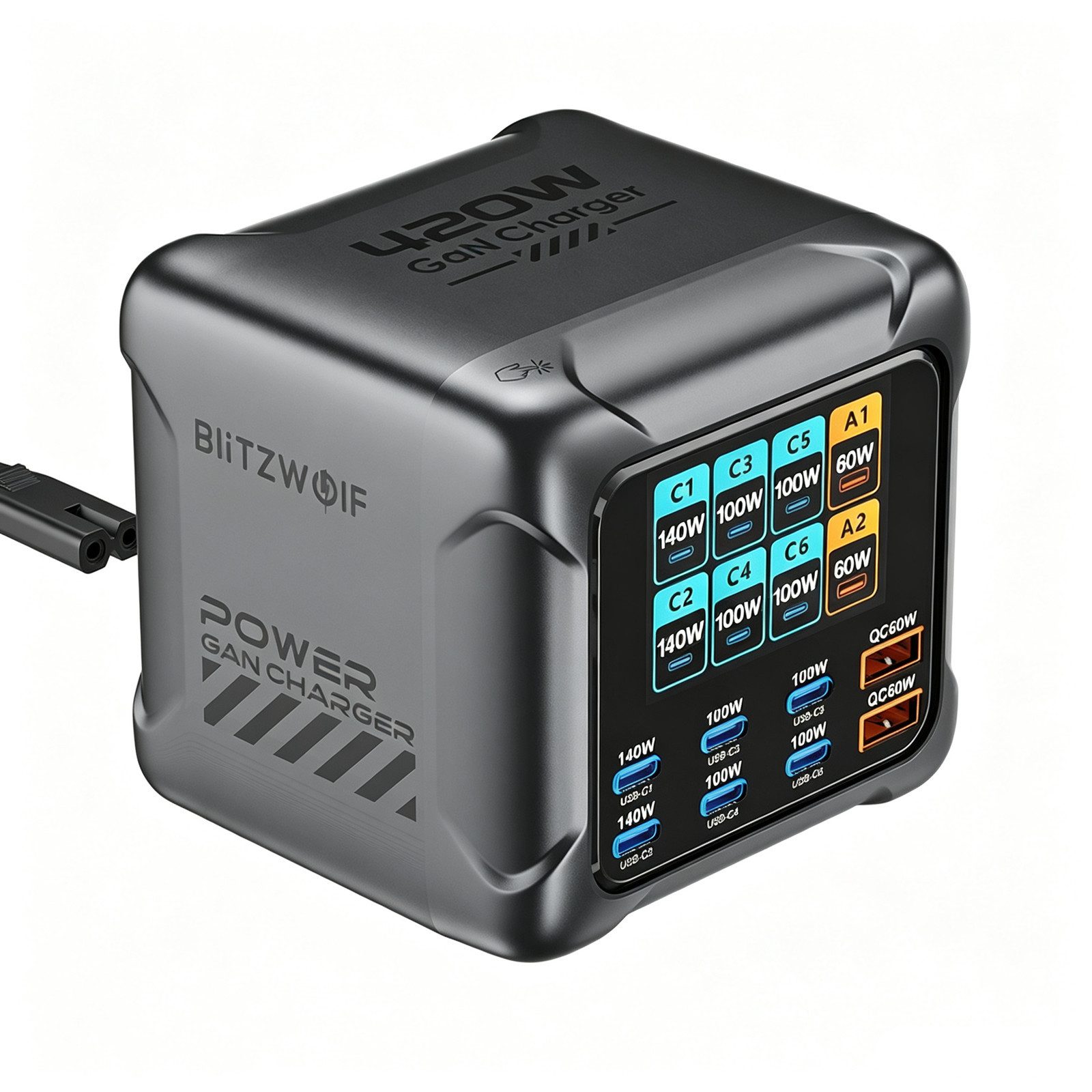 BLiTZWOLF 420W 8 Ports PD Schnellladegerät Digitaldisplay USB-Ladegerät (6xUSB-C, 2xUSB-A Desktop Ladestation, Smartphone Laptop Ladegerät)