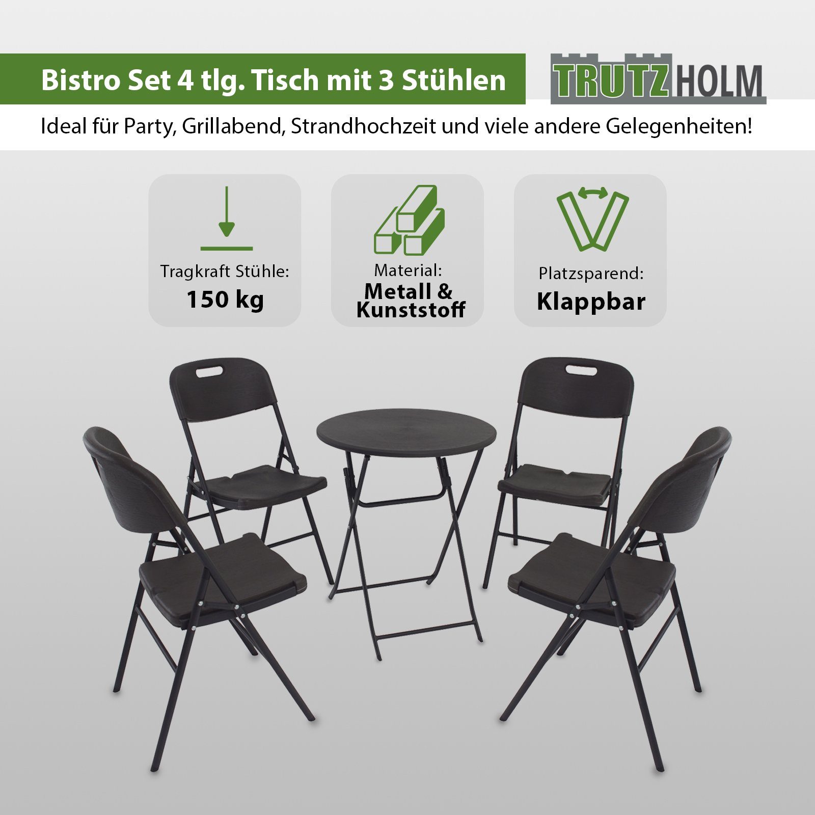 TRUTZHOLM Bistrotisch klappbar Bistrotisch Ø (pflegeleicht), und 4 Campingmöbel Gartenmöbel grau Stühle Balkonmöbel