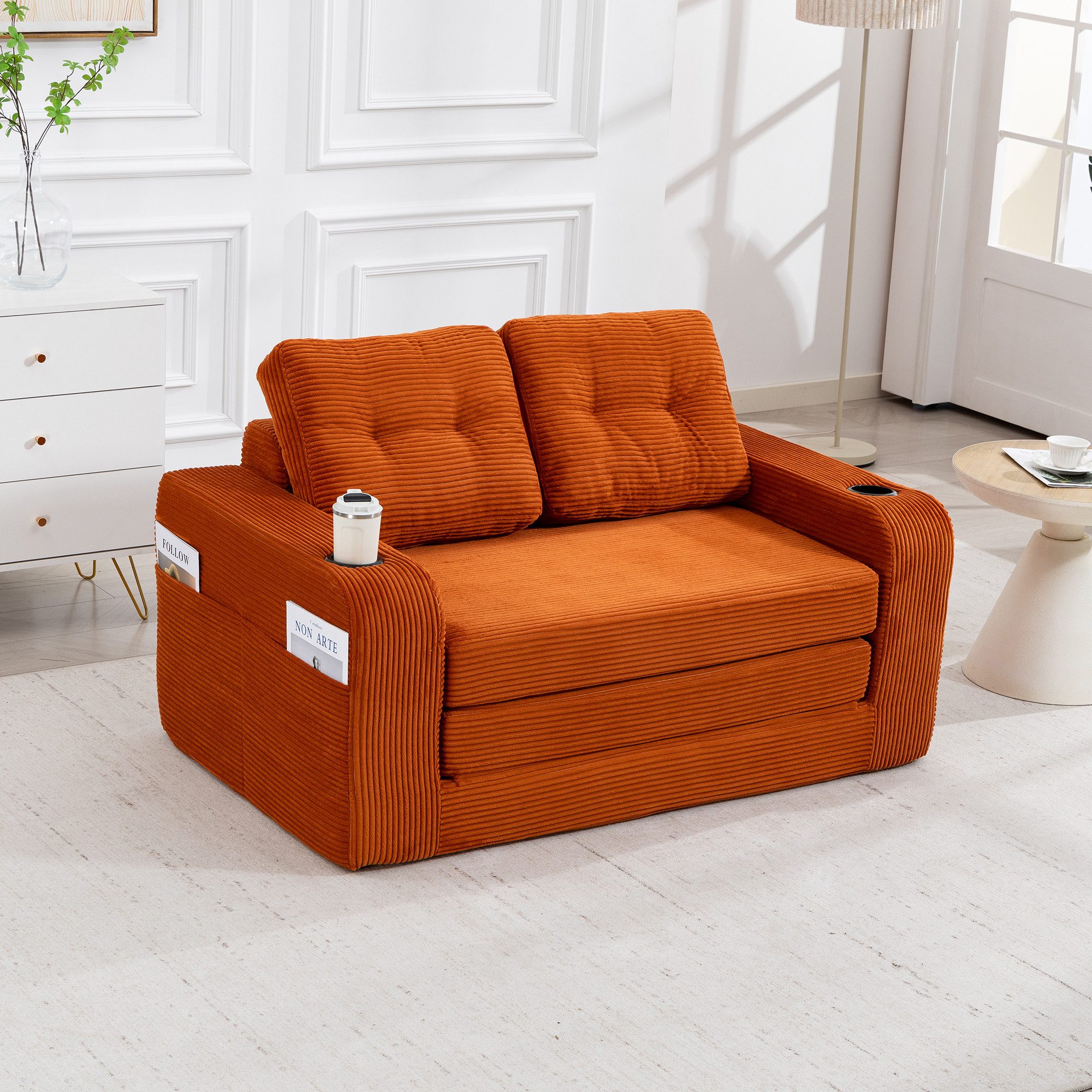 MODFU Sofa Rahmenloses Zweisitzer-Loungesofa aus Cordstoff mit Seitentaschen, Getränkehaltern und umbaubarem Sitzsack, gestepptes Design für maximalen Komfort