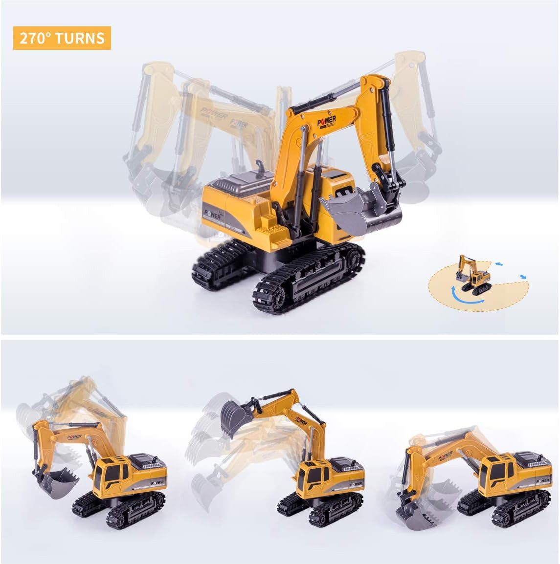 Highttoy RC-Bagger Ferngesteuerter RC Bagger 1:24 mit Sound, LED Licht & Akku Baufahrzeug (RC-Baufahrzeug-Set mit Zubehör, 1 × RC-Bagger mit Fernsteuerung und Akku, 1 × USB-Ladekabel), Ferngesteuerter Bagger mit LED, Sound und Auto-Demo-Funktion