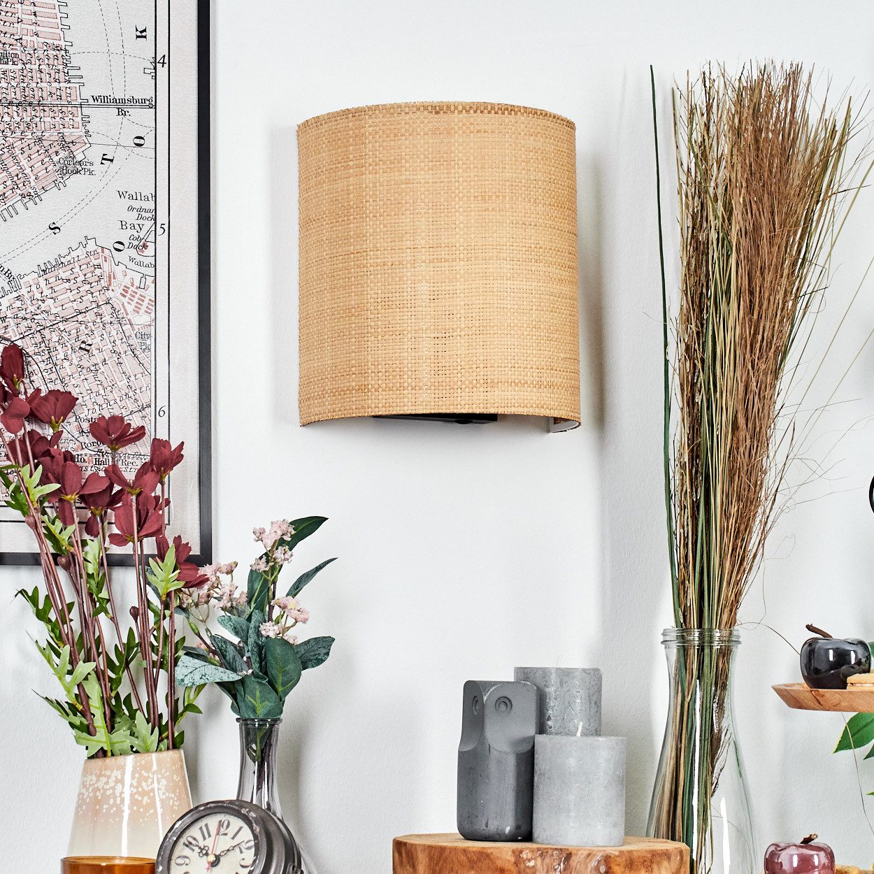 hofstein Wandleuchte Wandlampe aus Metall/Bast/Wienergeflecht in Schwarz/Na günstig online kaufen