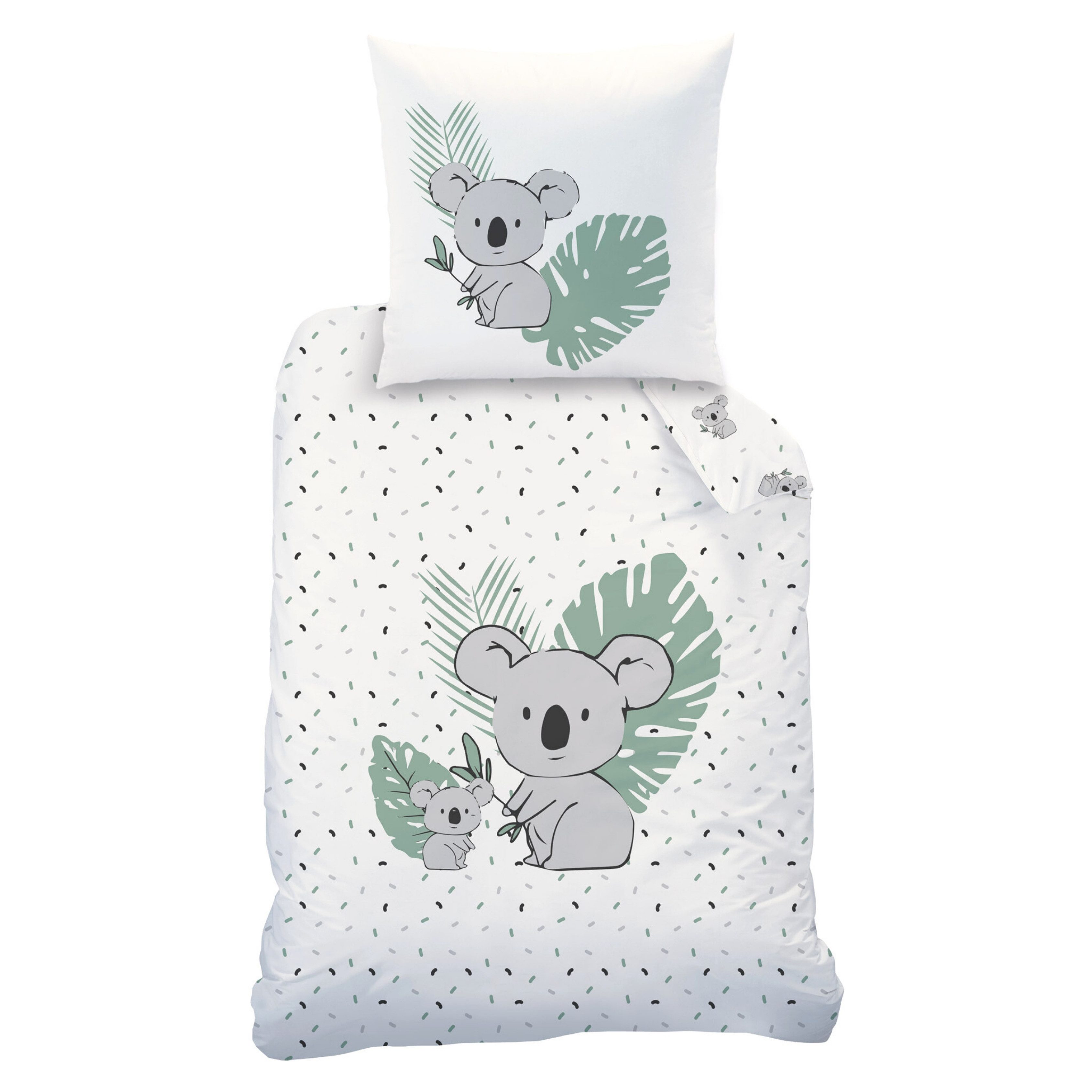 MTOnlinehandel Kinderbettwäsche Mia & Max Biber/ Flanell in 135x200 + 80x80 cm, Koala, 100% Baumwolle, 2 teilig, kuschelig, weich für Herbst und Winter, Eukalyptus