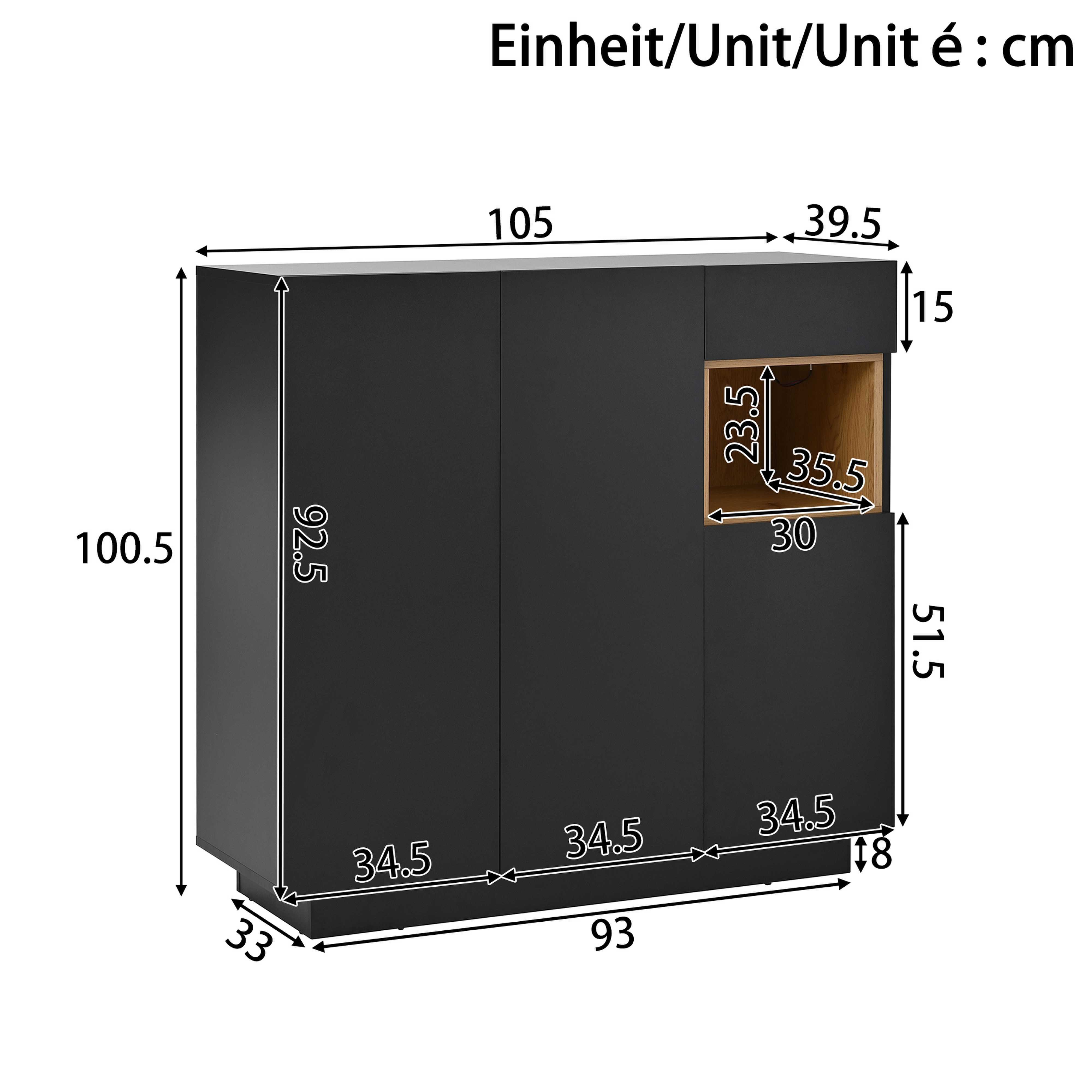 BlingBin Schuhschrank Schuhkipper Schuhkommode Schuhregal (Er bietet Platz für 14–18 Paar Schuhe, 1-St., mit LED,Schublade,verstellbaren Einlegeböden,3 Türen) 105x39,5x100,5cm,für modernen Eingangsbereich
