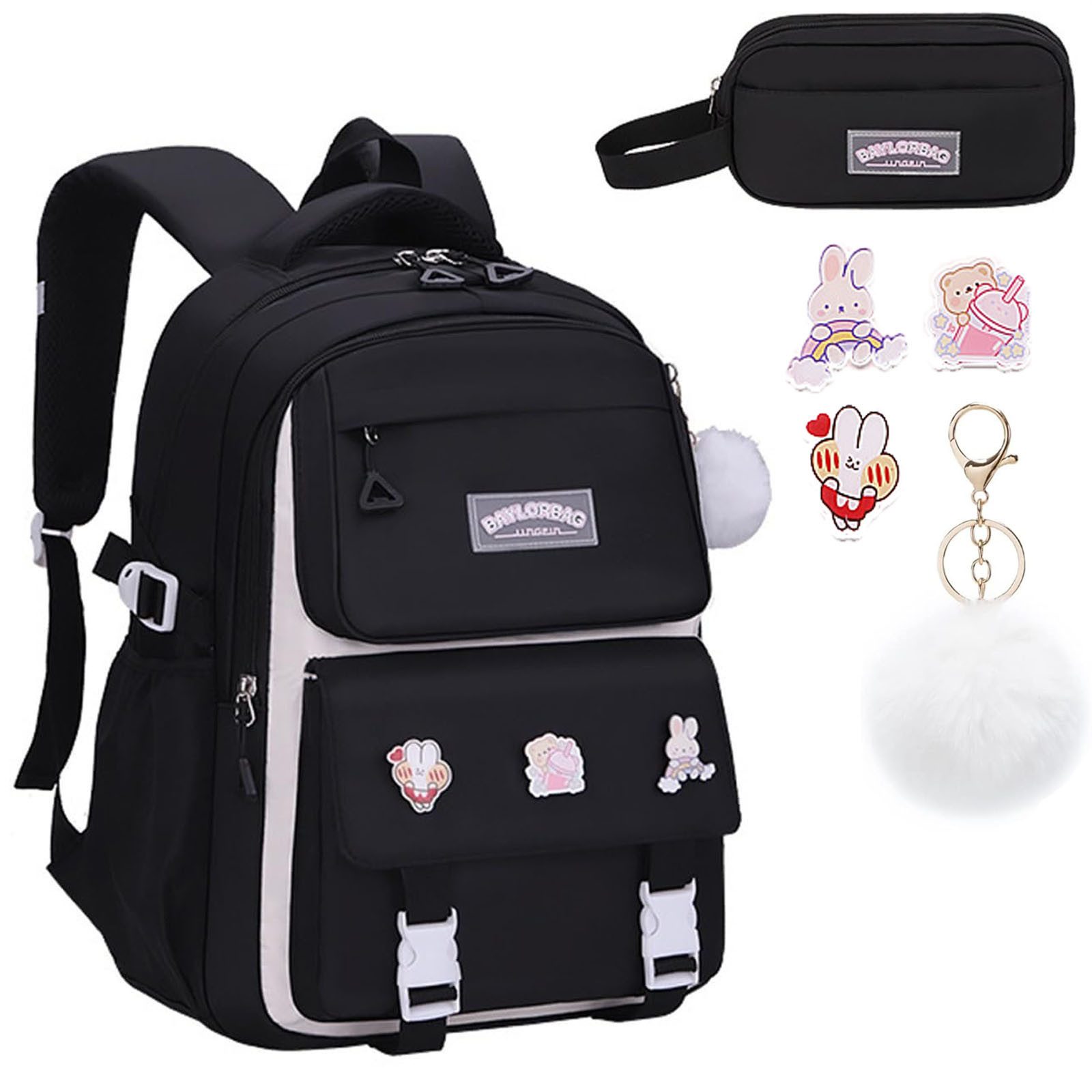 RWEUOQ Schulrucksack Teenager-Schulranzen-Set, mit Stifteetui und Badge-Label (2-tlg., Geeignet für Teenager zum Schulbesuch, wasserdichte Kinderschultasche), Kinder Grundschulrucksack, Niedlicher Freizeitrucksack für unterwegs