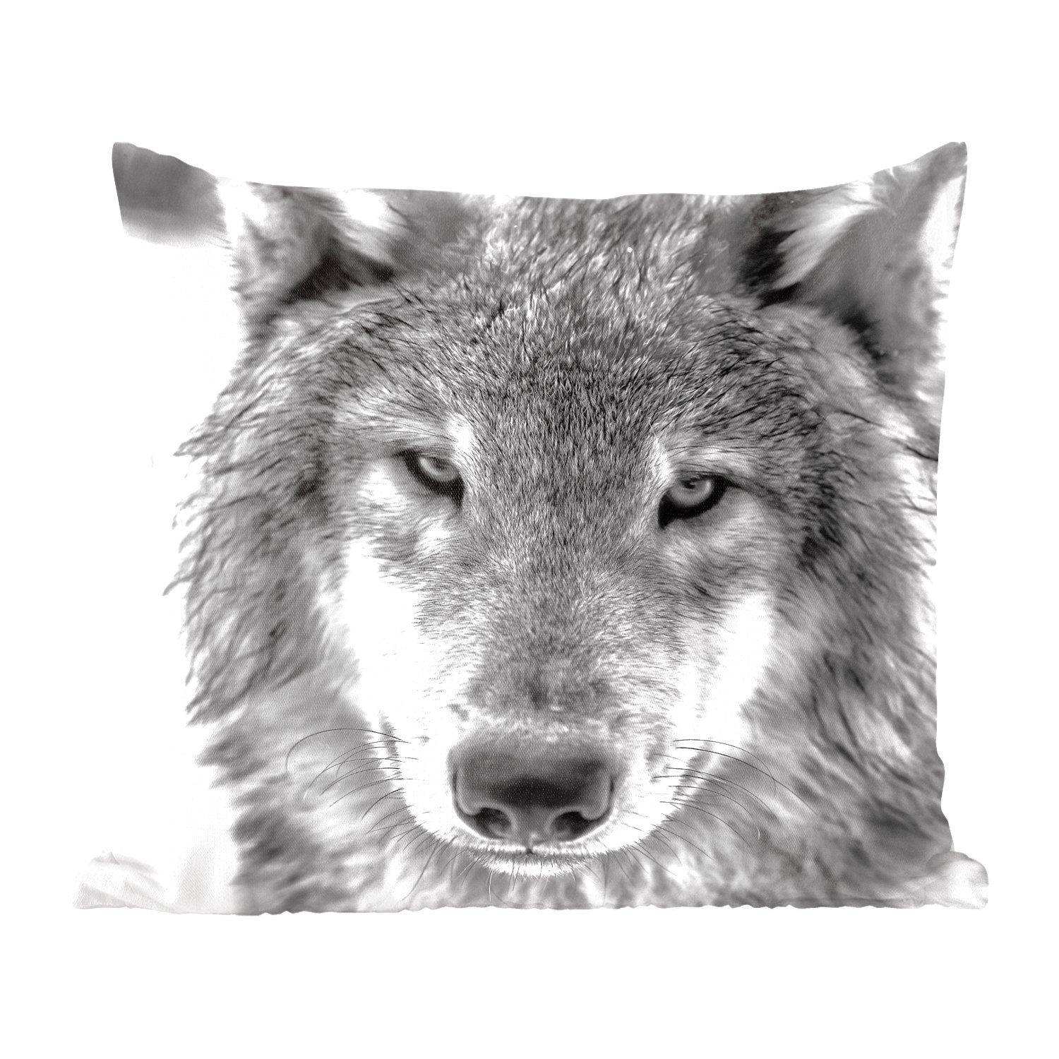 MuchoWow Dekokissen Tierprofil Wolf in schwarz und weiß, Zierkissen mit Füllung für Wohzimmer, Schlafzimmer, Deko, Sofakissen