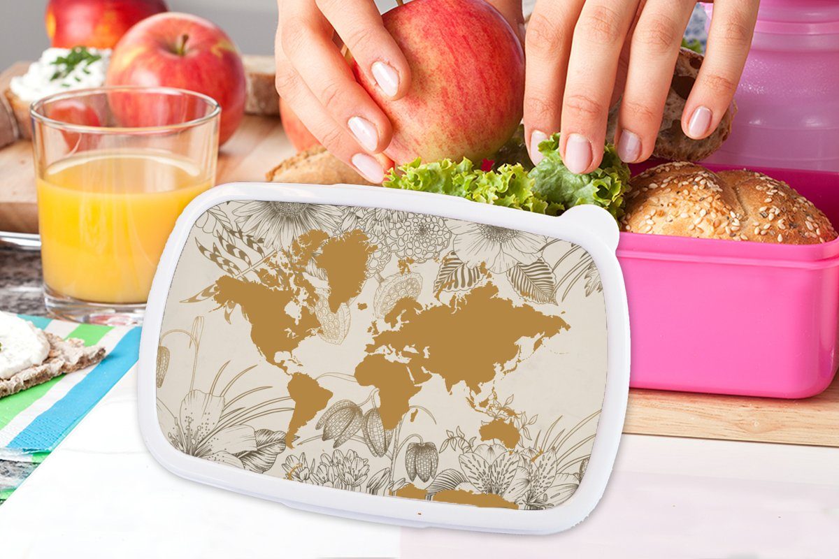Weltkarte Erwachsene, Snackbox, MuchoWow Brotbox für Kunststoff Brotdose - rosa Mädchen, Kinder, Blumen, (2-tlg), Gold Lunchbox - Kunststoff,