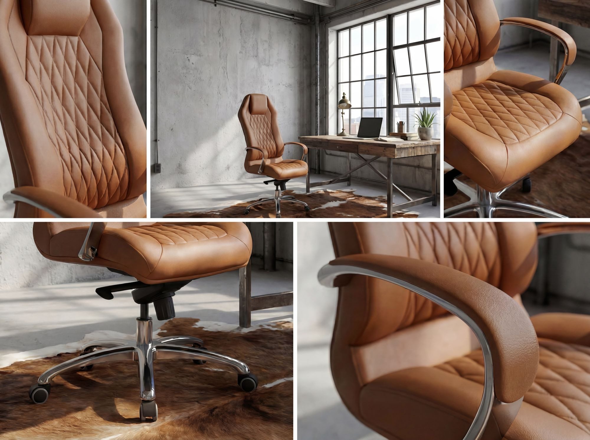 FINEBUY Chefsessel Bürostuhl MONTEREY Echtleder Schreibtischstuhl Drehstuhl (Bürostuhl MONTEREY Echtleder Caramel 120KG), Schreibtischstuhl Hohe Rückenlehne mit – Bild 4 von 5