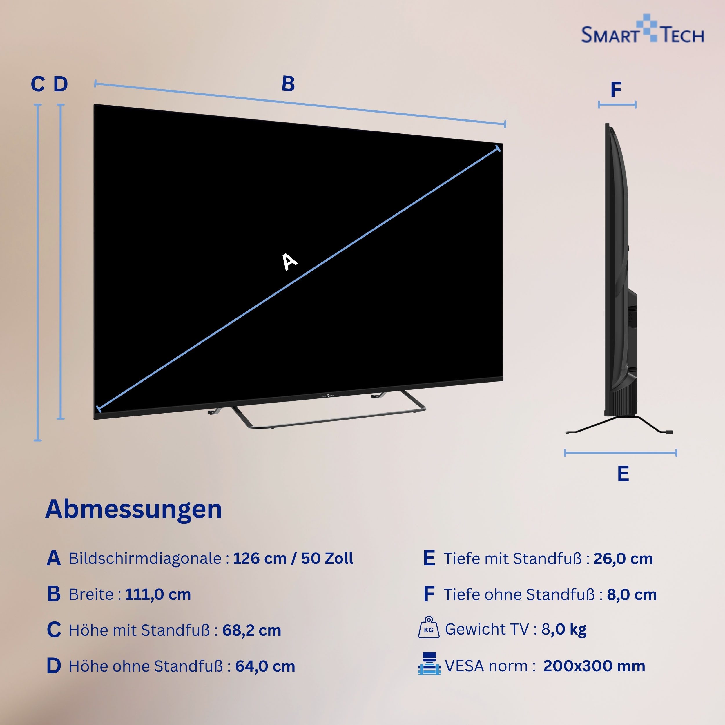 Smart Tech 50QV02K QLED-Fernseher (126 cm/50 Zoll, 4K Ultra HD, VIDAA Smart TV, VIDAA Smart TV, HDR, Bluetooth, Triple-Tuner)