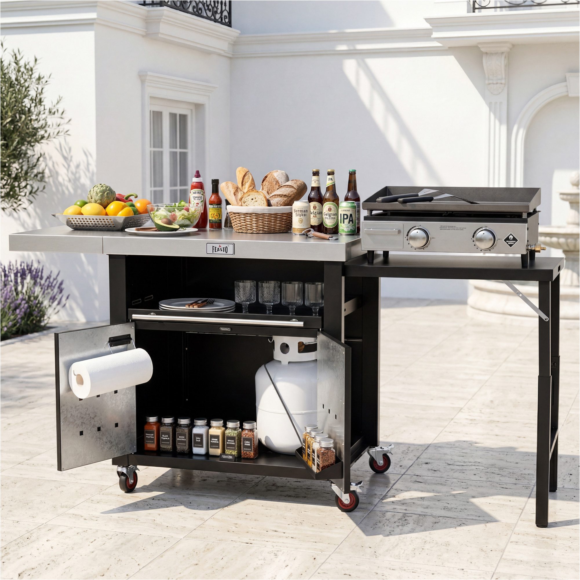 Feasto Servierwagen Multifunktionaler Grillwagen mit Schrank & ausklappbarem Beistelltisch, Grilltisch aus Edelstahl, Maße 188 x 66 x 92 cm für Garten & Küche