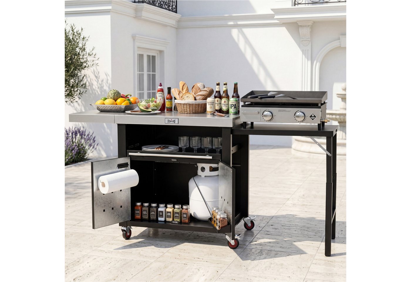 Feasto Servierwagen Multifunktionaler Grillwagen mit Schrank & ausklappbarem Beistelltisch, Grilltisch aus Edelstahl, Maße 188 x 66 x 92 cm für Garten & Küche