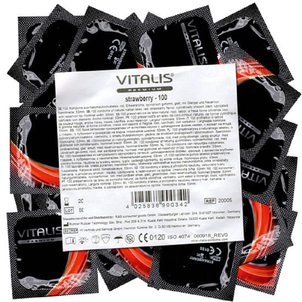 VITALIS Kondome Vitalis PREMIUM «Strawberry» rote Kondome für Oralverkehr Packung mit, 100 St., Kondome mit Erdbeer-Aroma, zuverlässig, sicher und angenehm im Gebrauch