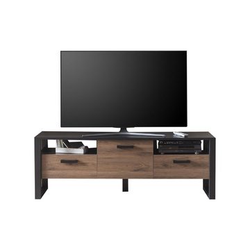 möbelando TV-Board Nordi, Modernes TV-Lowboard aus melaminharzbeschichteter Spanplatte, Front in Okapi-Nuss, Korpus in Schwarz/Okapi-Nuss, mit 2 Klapptüren, 1 Schubkasten und 2 offenen Fächern, Breite 180,3 cm, Höhe 62,6 cm, Tiefe 43,1 cm