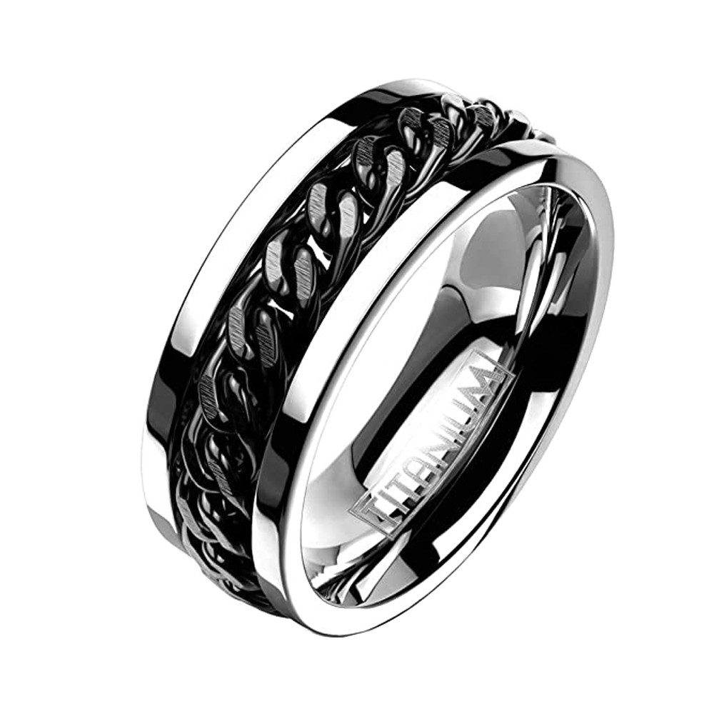 Taffstyle Fingerring Titan Ring Biker Silber Schwarz Kette Spinning Größe 67 (21.3) (Biker Herren zum Geburtstag Weihnachten Valentinstag Vatertag), Rocker Fingerring Herrenring Bandring Schmuck Geschenke für Männer