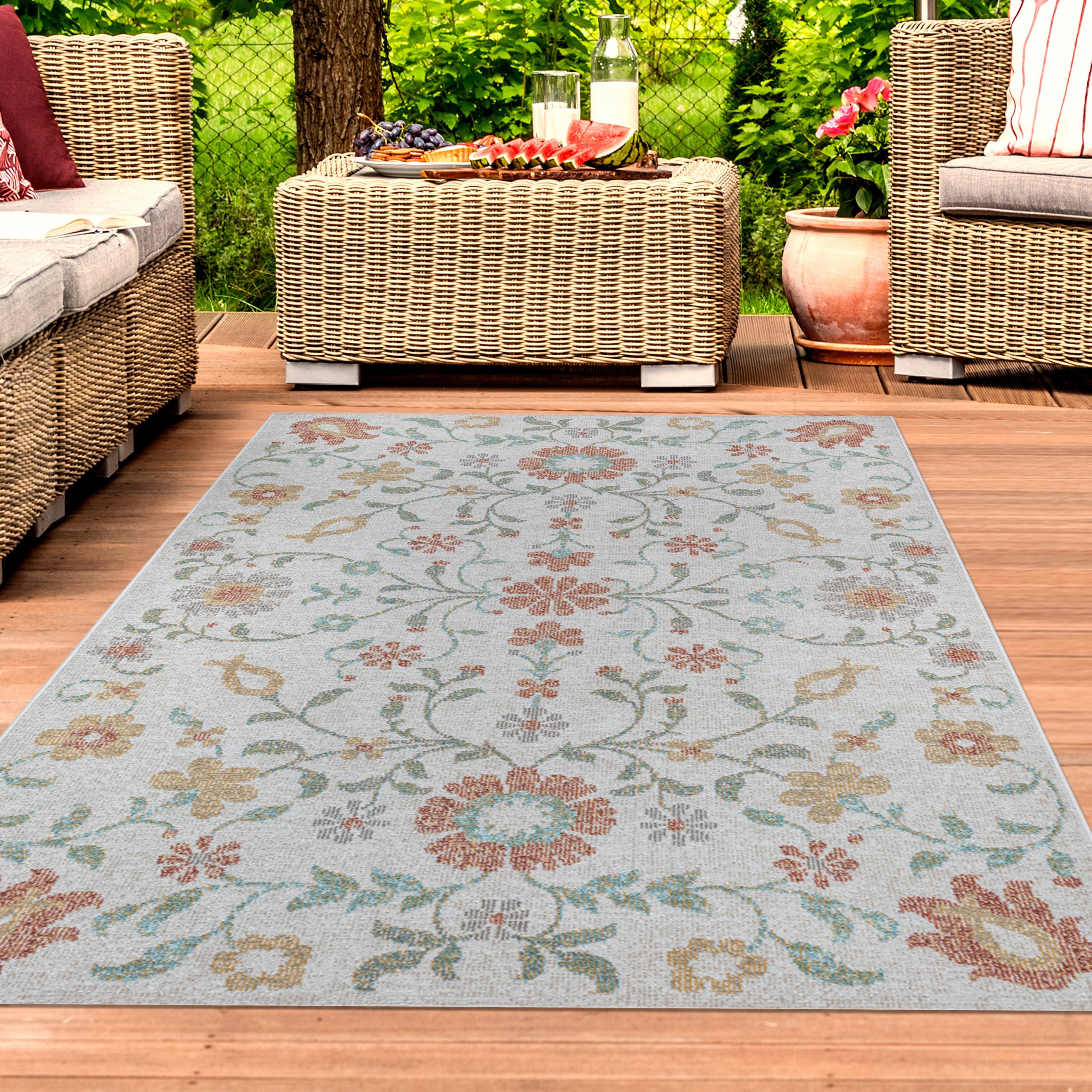 TeppichHome24 Outdoorteppich Outdoor-Teppich Blumenmuster Wohnzimmer Terrasse creme, multi, Rechteckig, Höhe: 4 mm