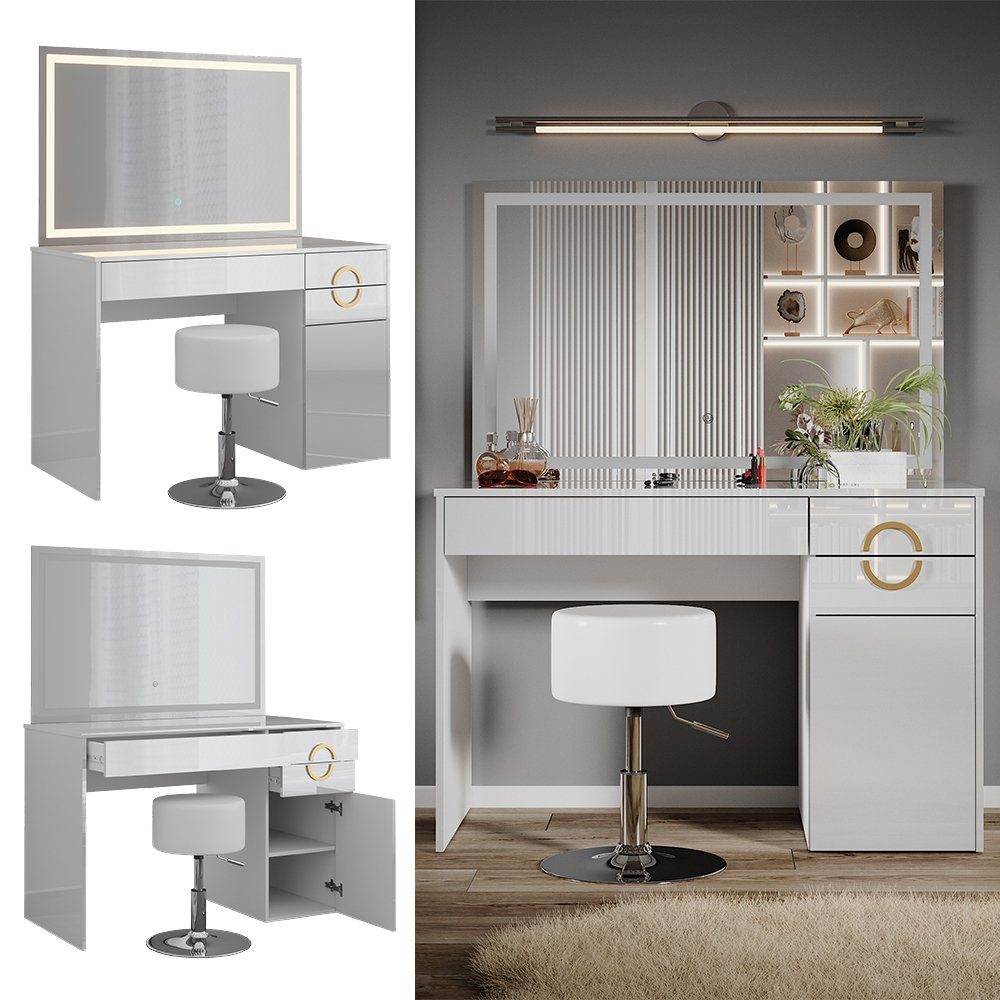 Vicco Schminktisch Adela, Weiß Hochglanz, 115 cm mit LED Spiegel und Hocker günstig online kaufen