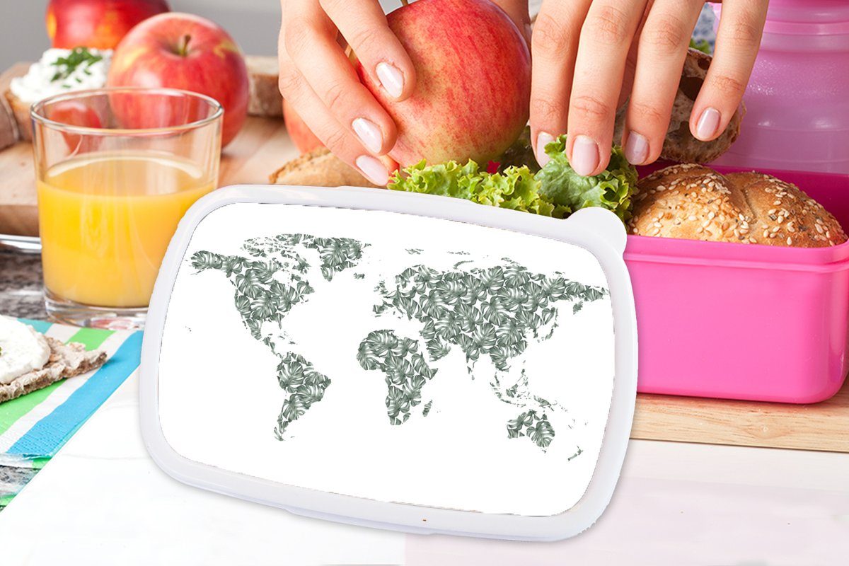 MuchoWow Lunchbox Weltkarte - Tropische Erwachsene, Snackbox, rosa (2-tlg), Kunststoff Pflanzen Kunststoff, - Kinder, Weiß, Brotdose für Brotbox Mädchen