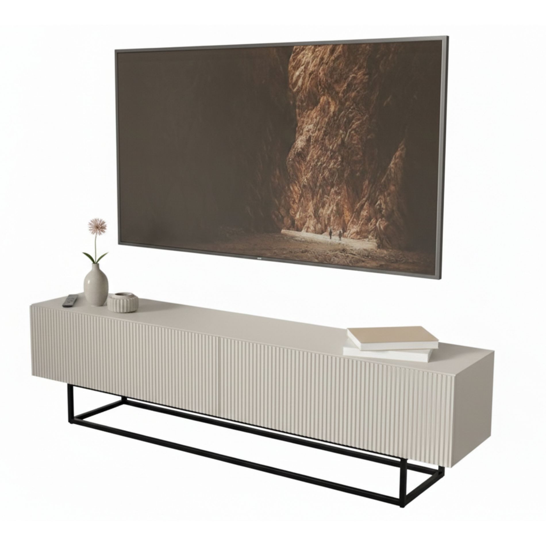 Selsey TV-Schrank VELDIO TV-Lowboard 175 cm – Riffelfronten und Metallgestell in Schwarz