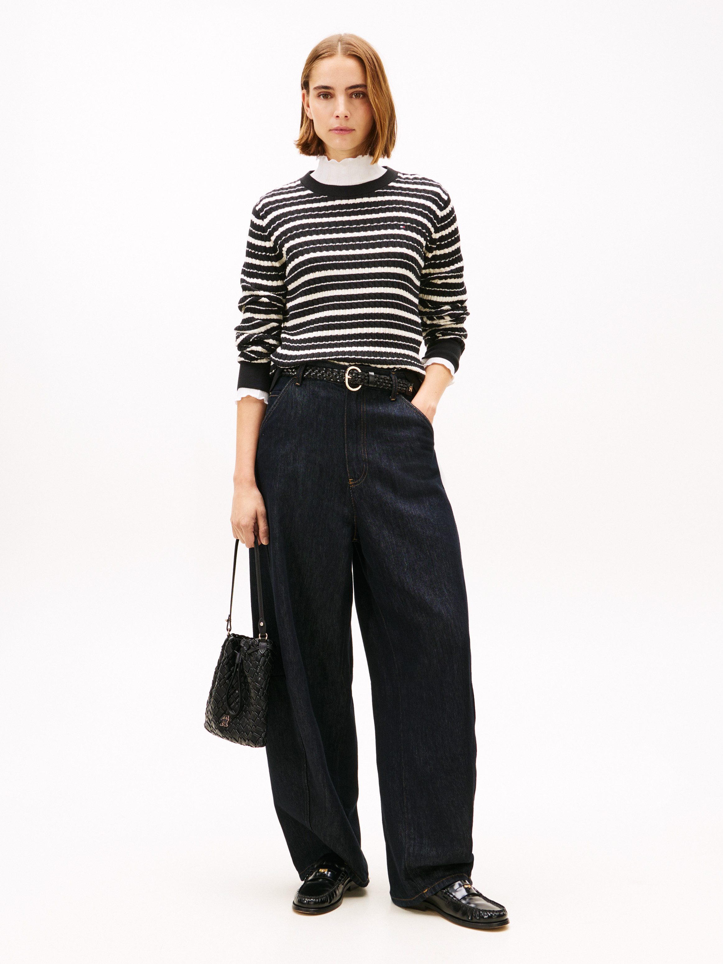 Tommy Hilfiger Rundhalspullover CO CABLE C-NK LS SWEATER Baumwolle, mit Zopfmuster, Regular Fit