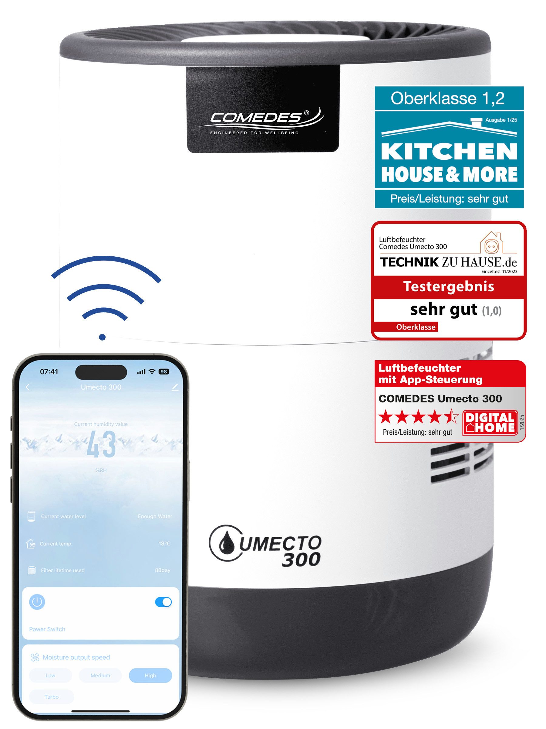 Comedes Luftbefeuchter Comedes Luftbefeuchter Umecto 300, bis 45 m², 2,8 Liter Wassertak, 2.8 l Wassertank, Smart-Home fähig