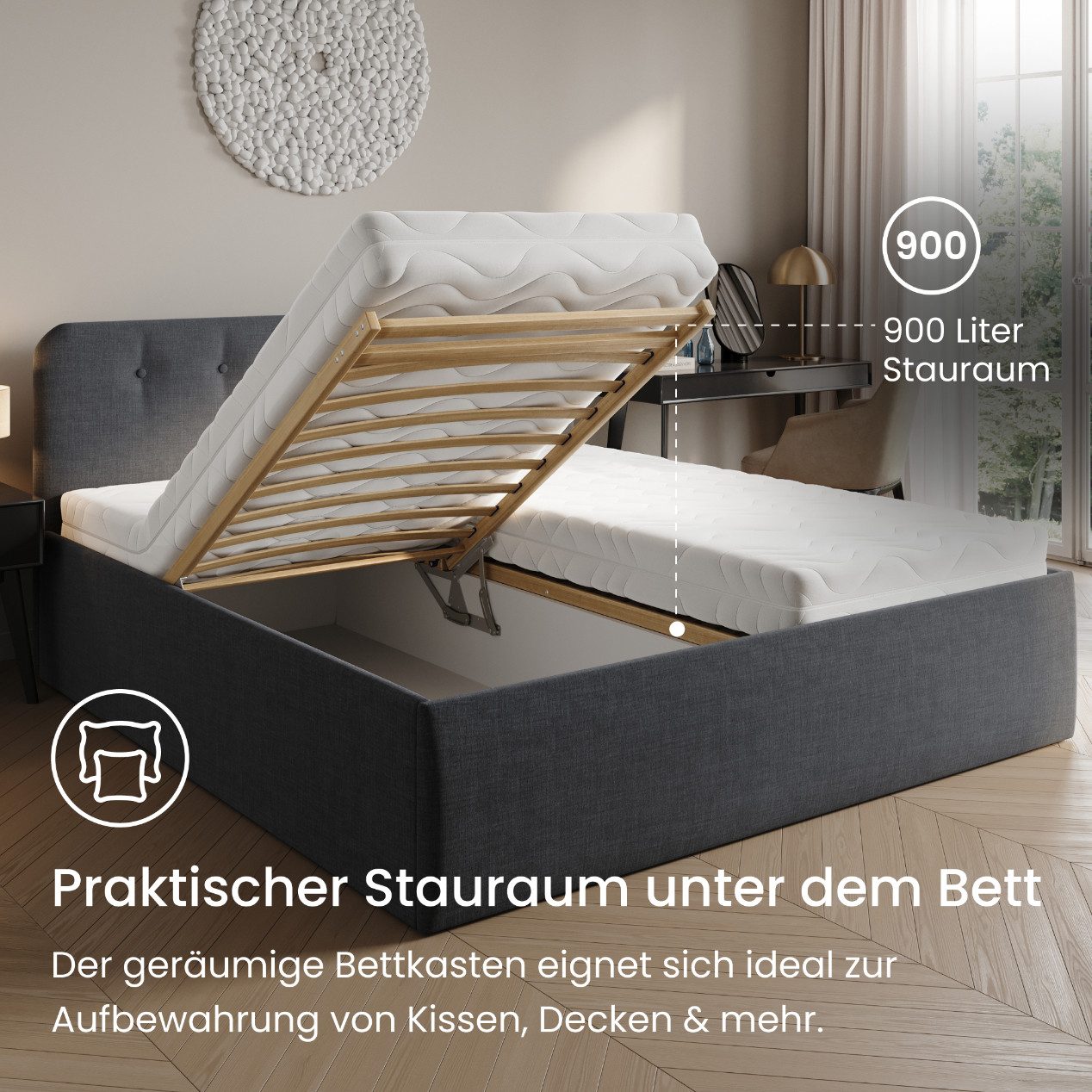 Home Collective Polsterbett Bett mit Stauraum, verstellbarem Lattenrost, viele Größen (Größen: 100x200 120x200 140x200 160x200 180x200 200x200, hochwertiger Str – Bild 3 von 5