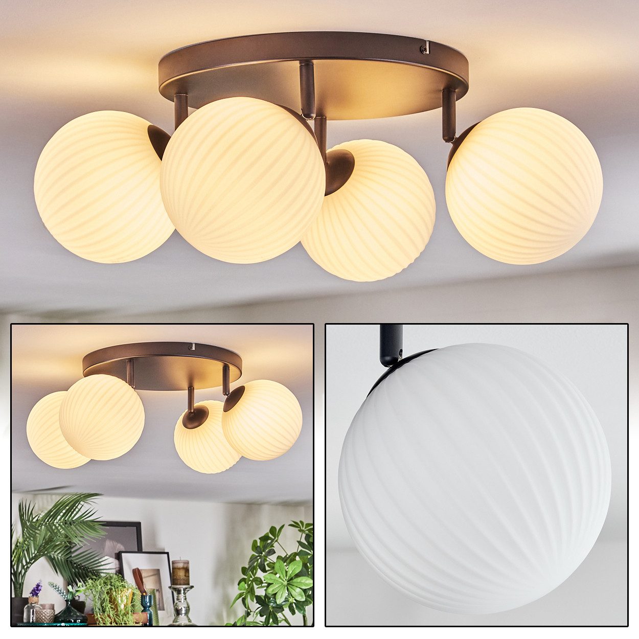 hofstein Deckenleuchte Deckenlampe aus Metall/Milchglas/Riffelglas in Schwarz/Weiß, ohne Leuchtmittel, verstellbare Deckenleuchte im Vintage-Design (Schirme 15 cm), 4 x G9