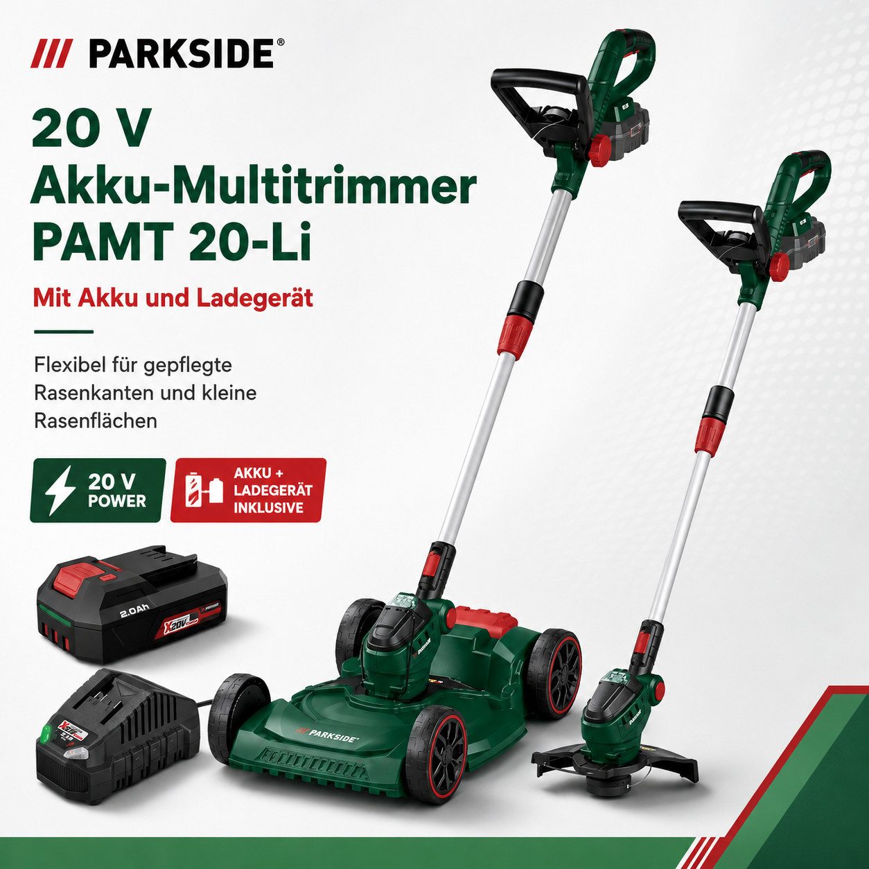 Parkside Akku-Rasentrimmer 20 V 3in1-Akku -Multi Rasentrimmer PAMT 20-Li, Akku 2 Ah / Ladegerät
