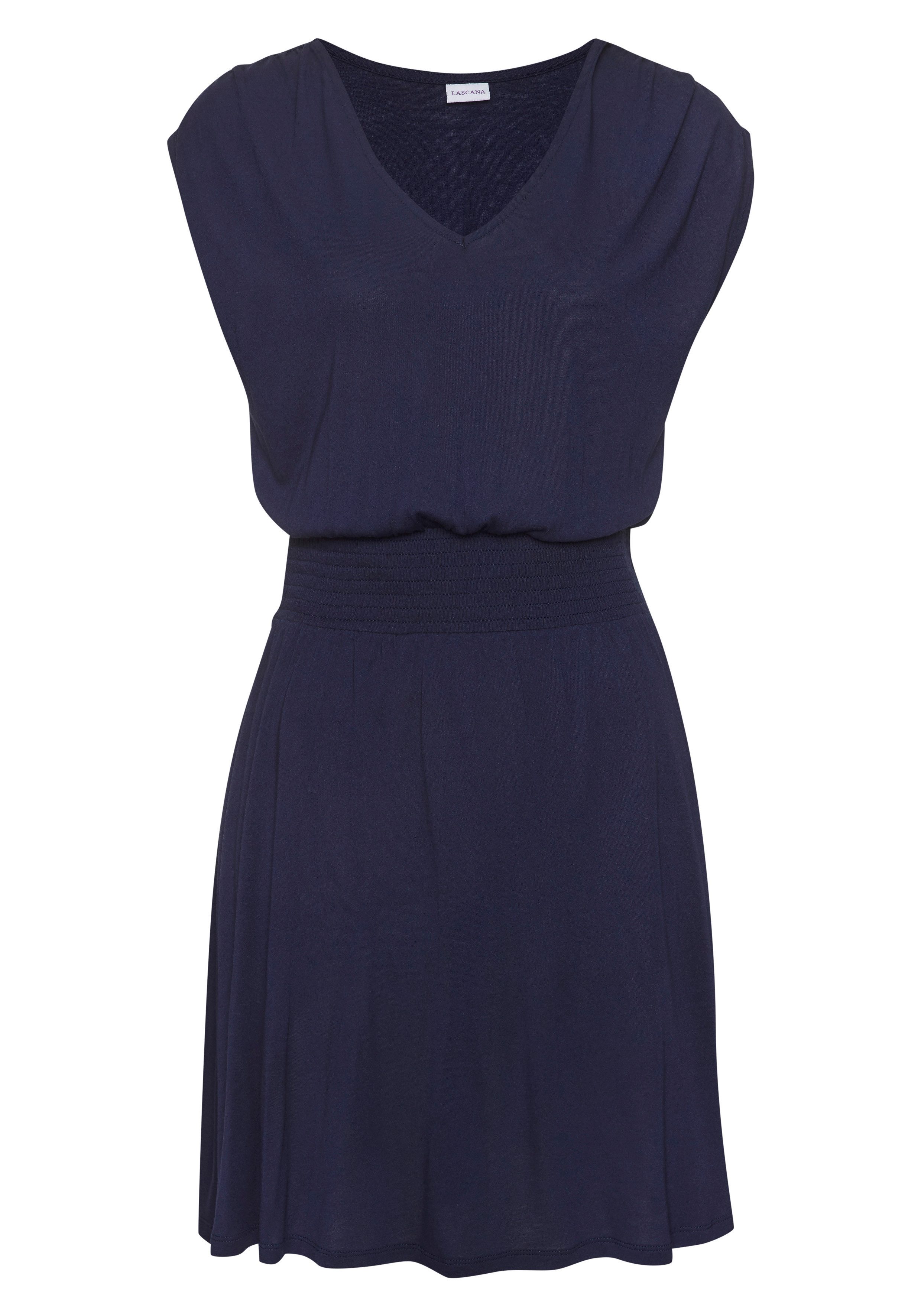 LASCANA Jerseykleid mit breitem Smokbund, kurzes Sommerkleid aus Viskose. € 39,99