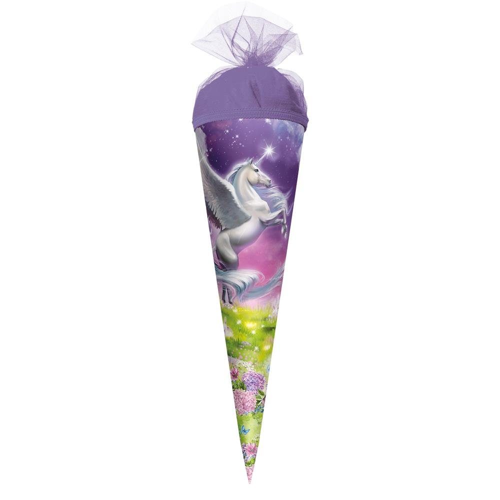 Roth Schultüte Magic Pegasus, 22 cm, rund, mit lilafarbigem Tüllverschluss, für Geschwister