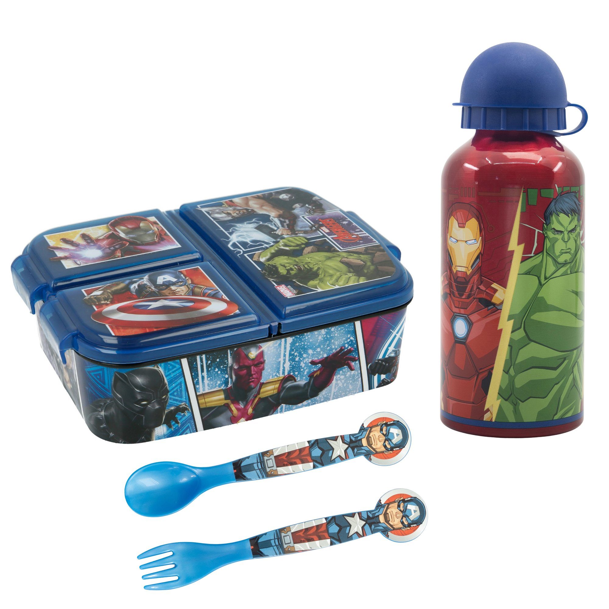 Marvel 4 Alu-Trinkflasche Besteck Kinder (4-tlg), Lunchbox 3 Kammern teiliges Avengers Set, Brotdose MARVEL