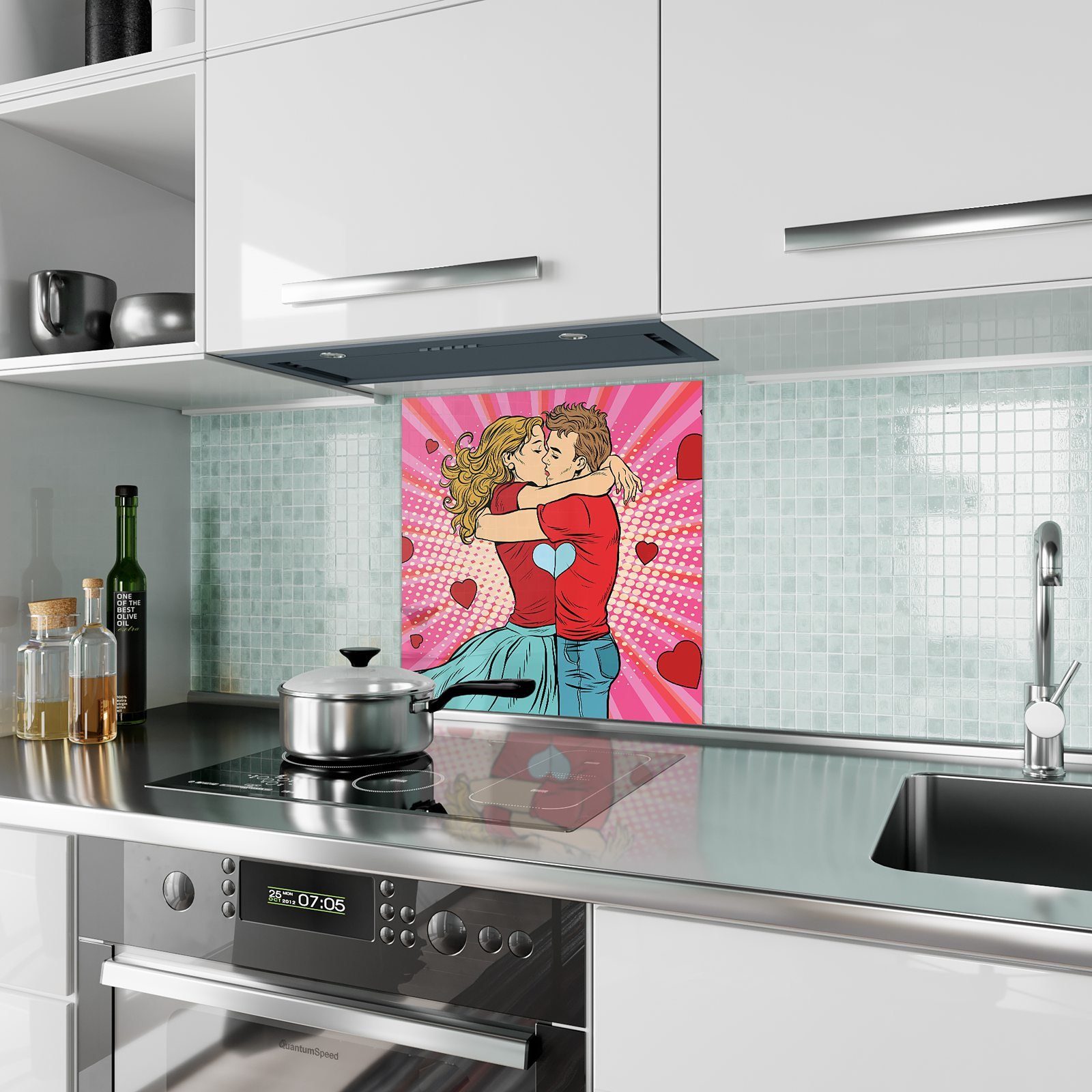 Primedeco Küchenrückwand Küchenrückwand Spritzschutz mit küssend Glas sich Paar Motiv