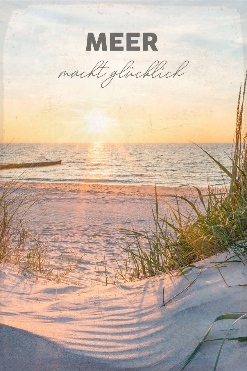 queence Metallbild Meer macht glücklich, Schriftzug, Schriftzüge, Strand (1 St), Stahlschilder