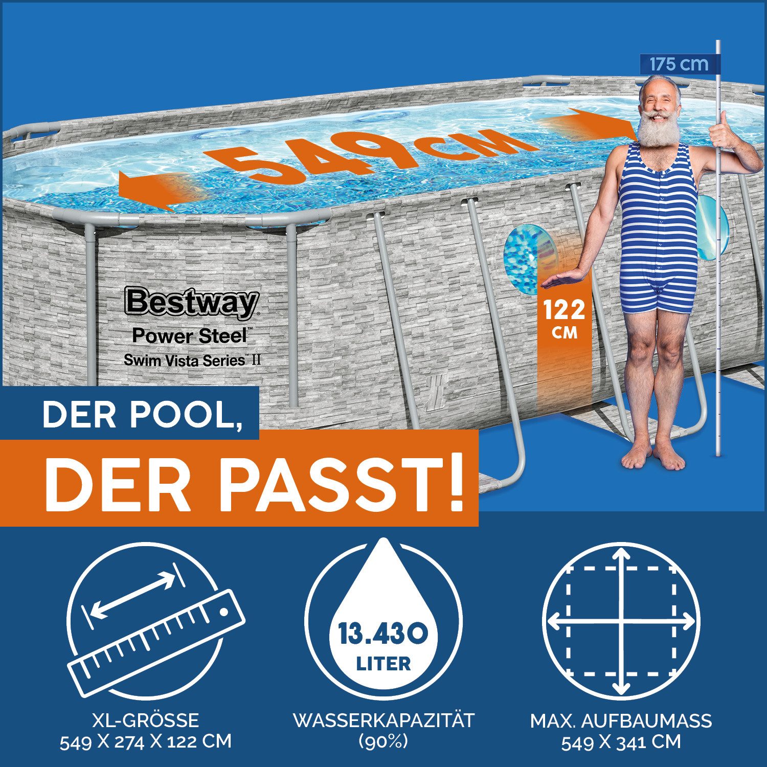 Bestway Framepool Power Steel™ Swim Vista Series™ (Set, Inkl. Filterpumpe, Sicherheitsleiter, Abdeckplane), 549 x 274 x 122 cm