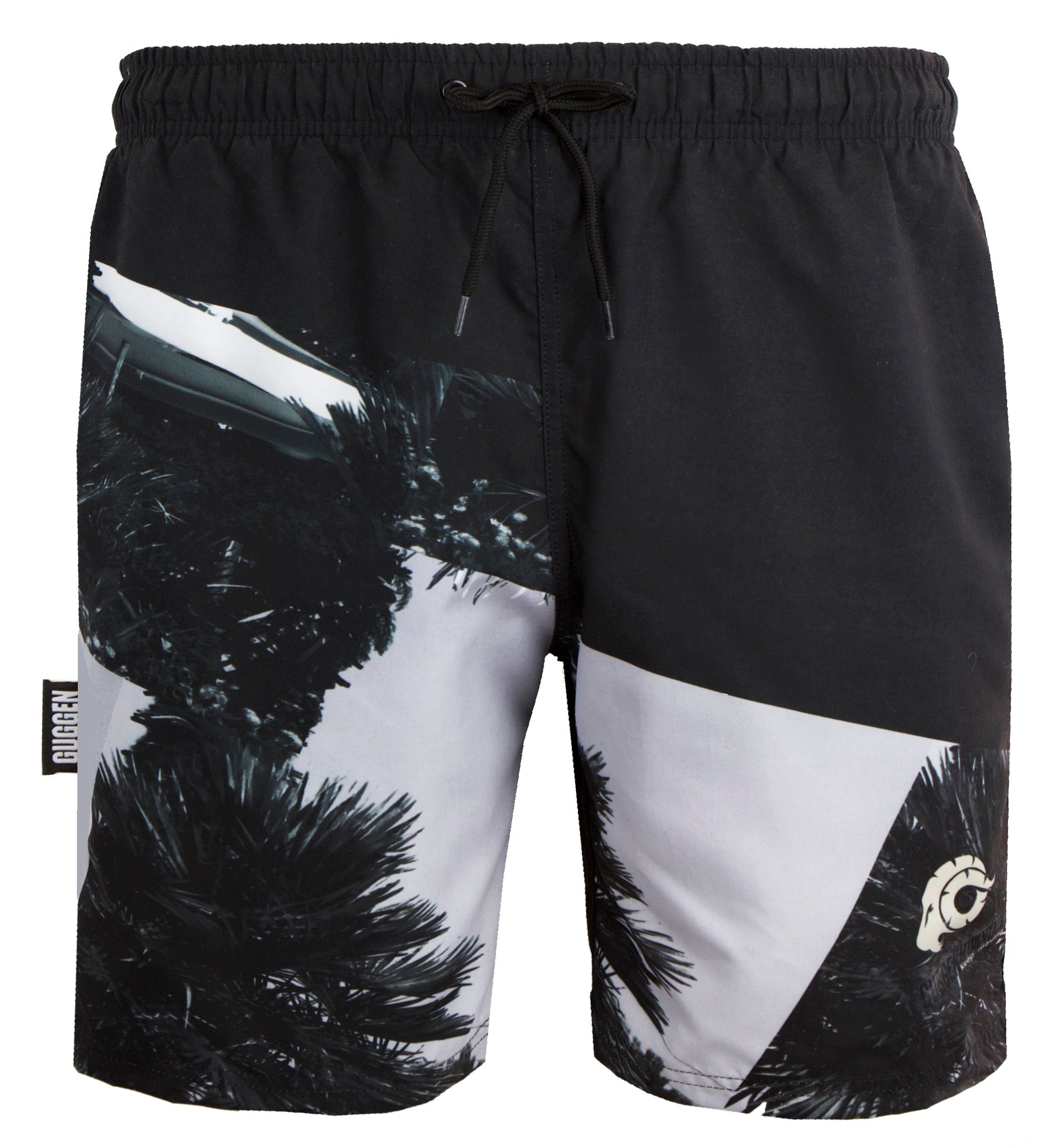 Beachshort Schwarz Herren 1603 Badehose Palmen Muster mit Weiss Badeshorts Kordelzug GUGGEN Mountain Strandhose Boardshorts Schnelltrocknende Badehose